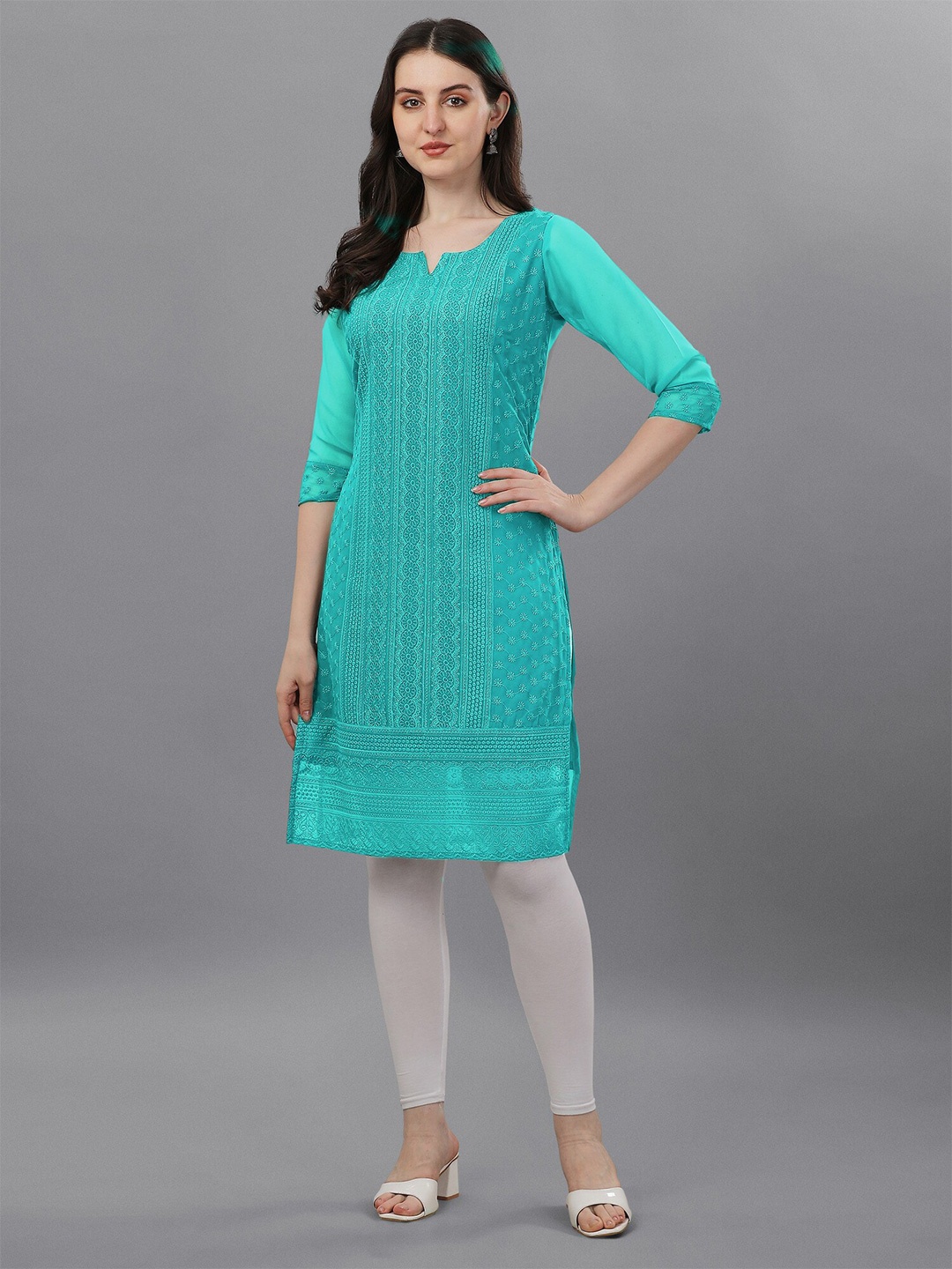 

Fashion2wear Floral Embroidered Chikankari Straight Kurta, Blue