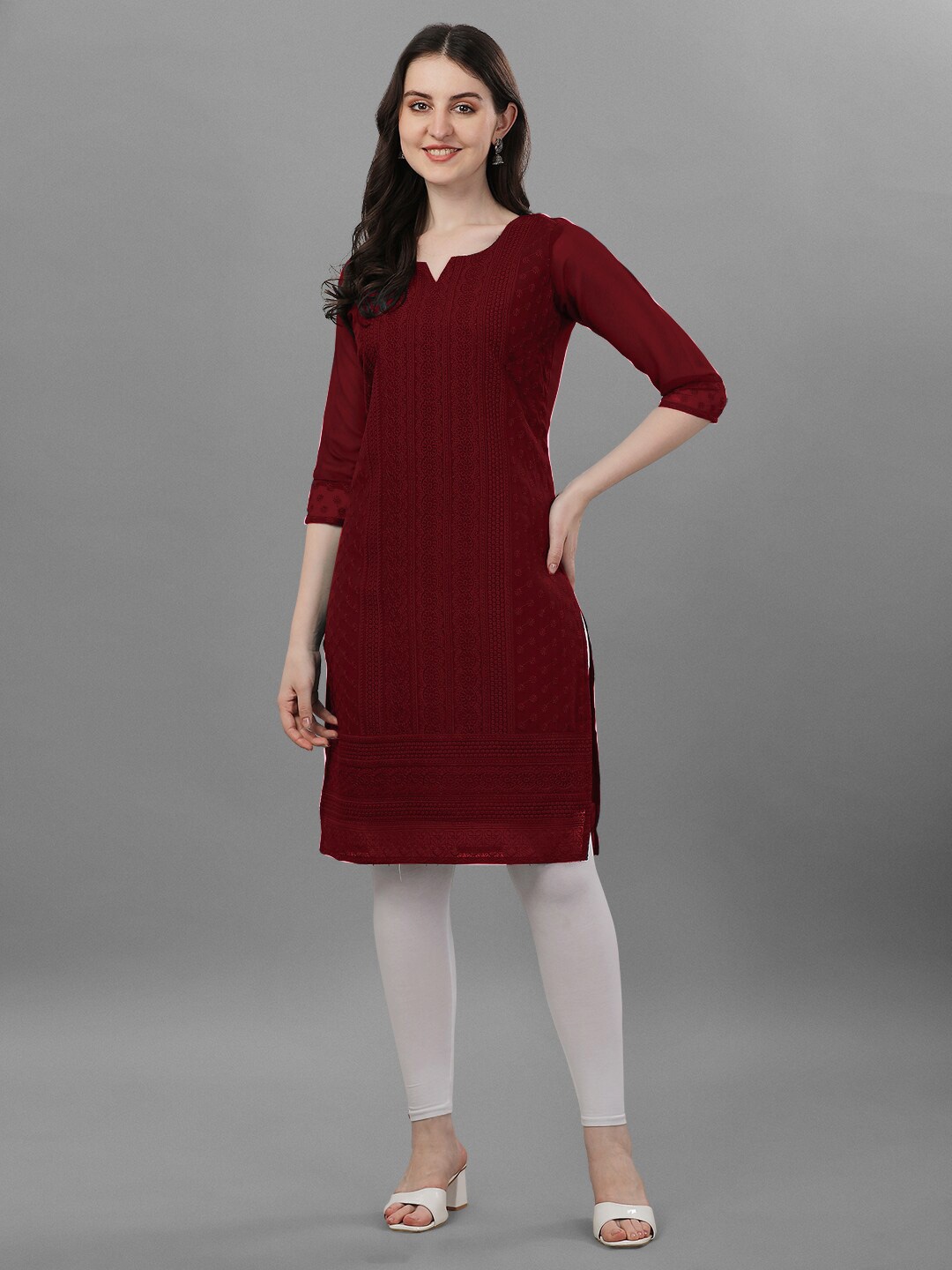 

Fashion2wear Floral Embroidered Chikankari Straight Kurta, Maroon