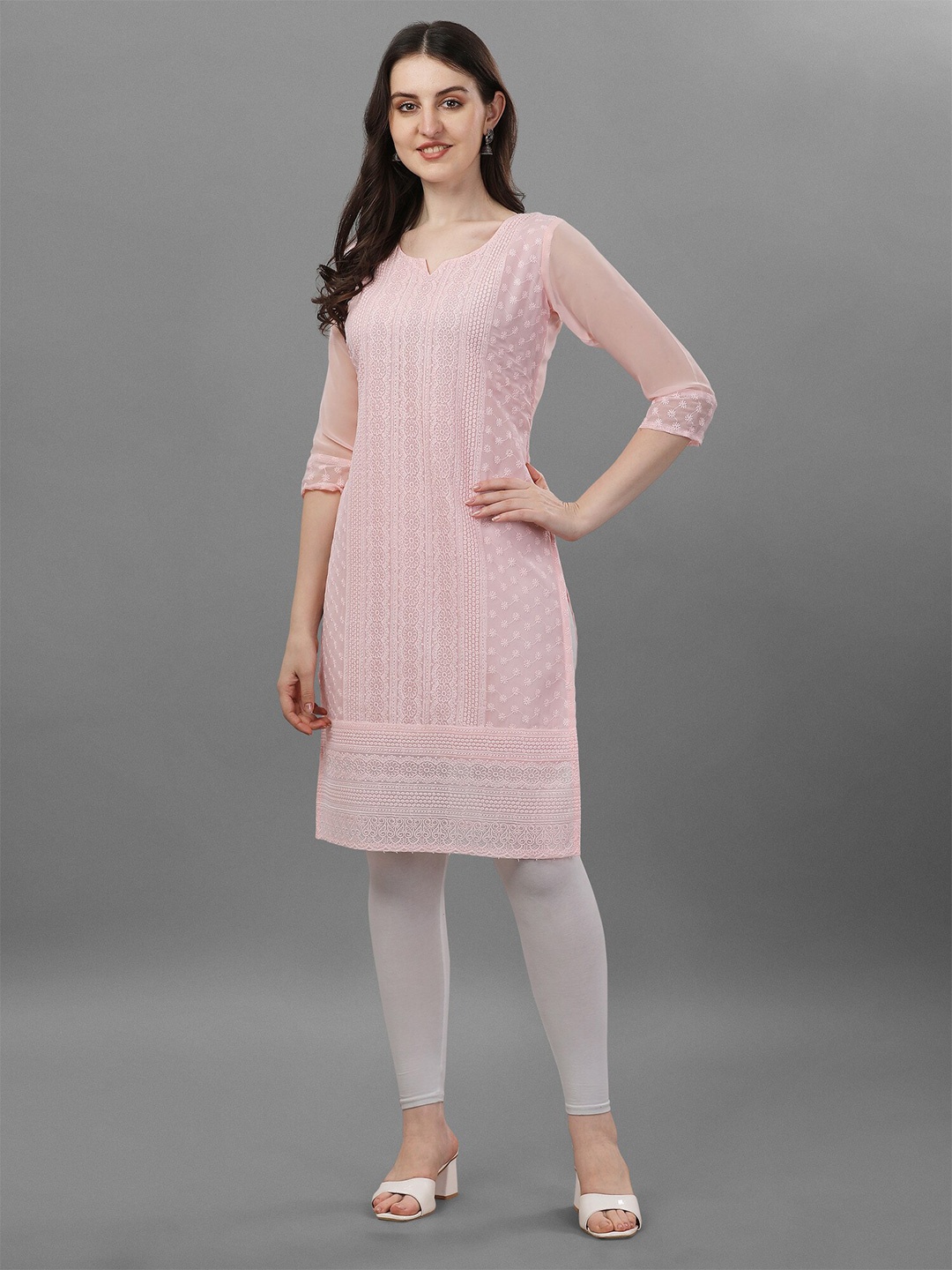 

Fashion2wear Ethnic Motifs Embroidered Georgette Chikankari Straight Kurta, Peach