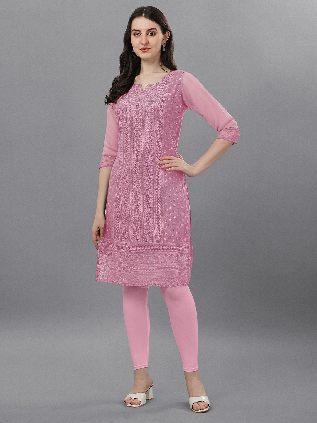 

Fashion2wear Ethnic Motifs Embroidered Georgette Chikankari Straight Kurta, Pink