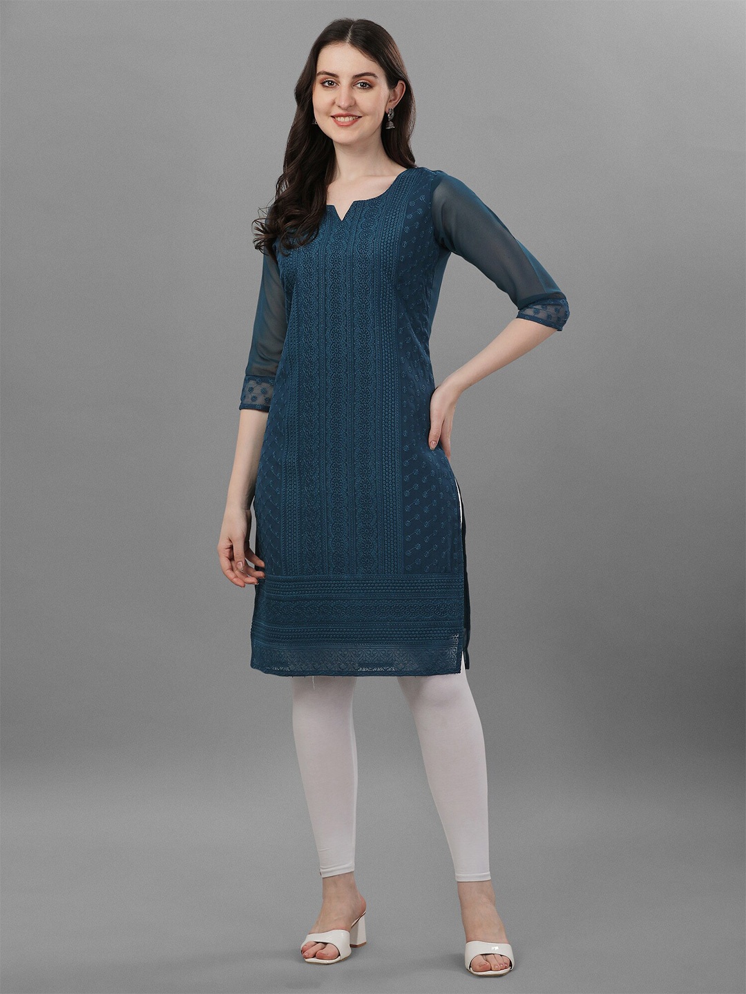

Fashion2wear Ethnic Motifs Embroidered Georgette Chikankari Straight Kurta, Teal