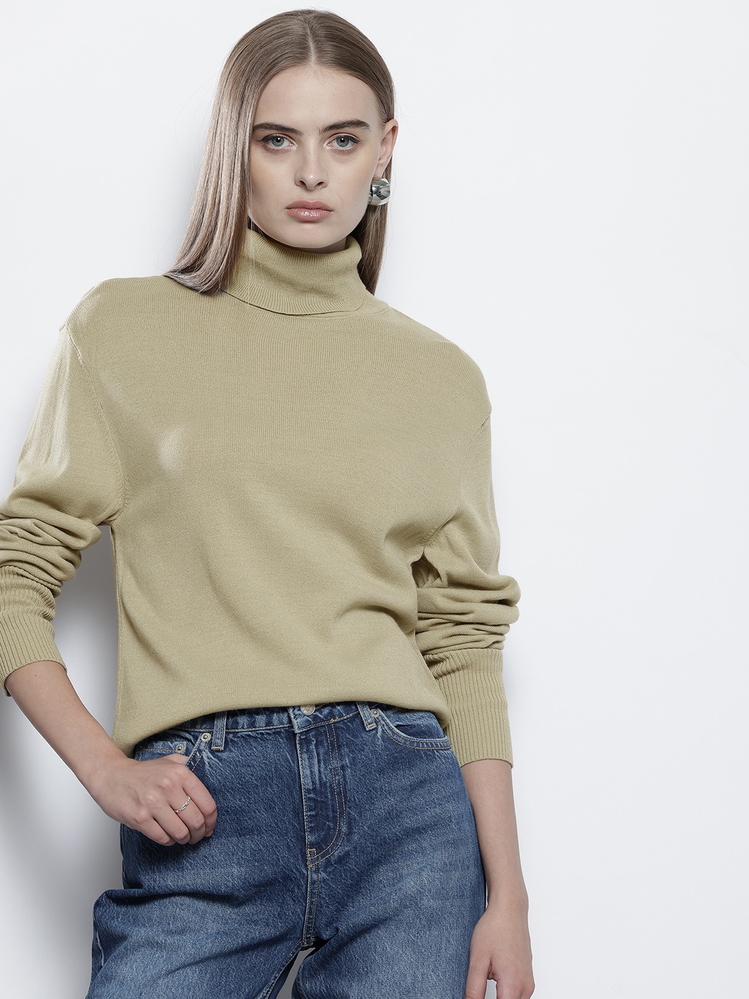 

NA-KD Pure Acrylic Turtle Neck Fine Knit Longline Pullover, Olive