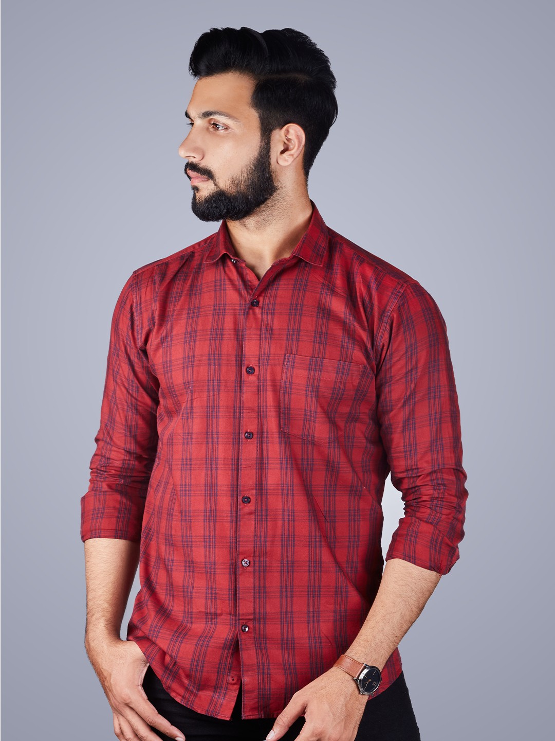 

INDIAN THREADS India Slim Checked Cotton Spread Collar Slim Fit Opaque Casual Shirt, Red