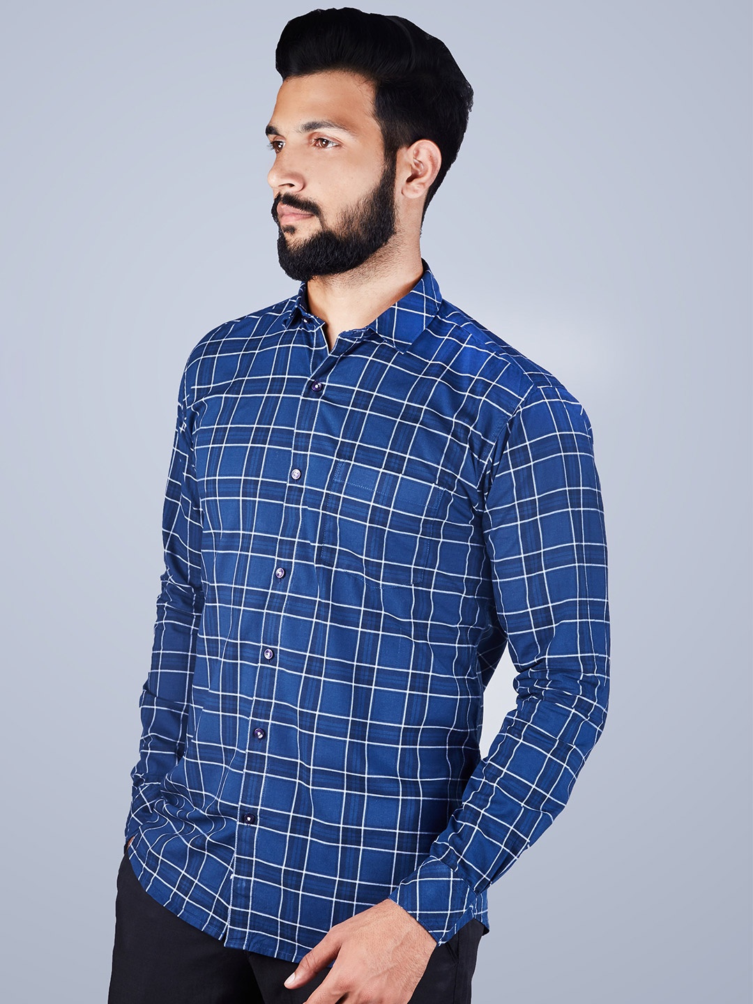 

INDIAN THREADS India Slim Checked Cotton Button-Down Collar Slim Fit Opaque Casual Shirt, Blue