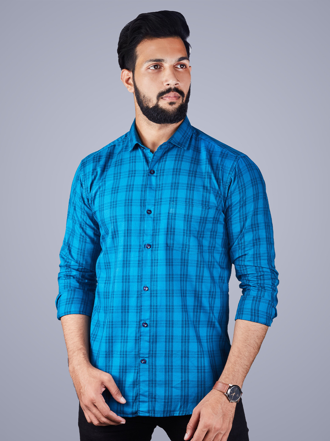 

INDIAN THREADS India Slim Checked Cotton Spread Collar Slim Fit Opaque Casual Shirt, Blue