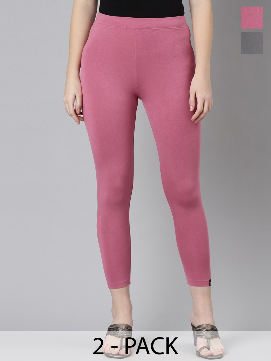 

Twin Birds Pack Of 2 Women Solid Skinny Fit High Ankle Cropped Leggings, Pink