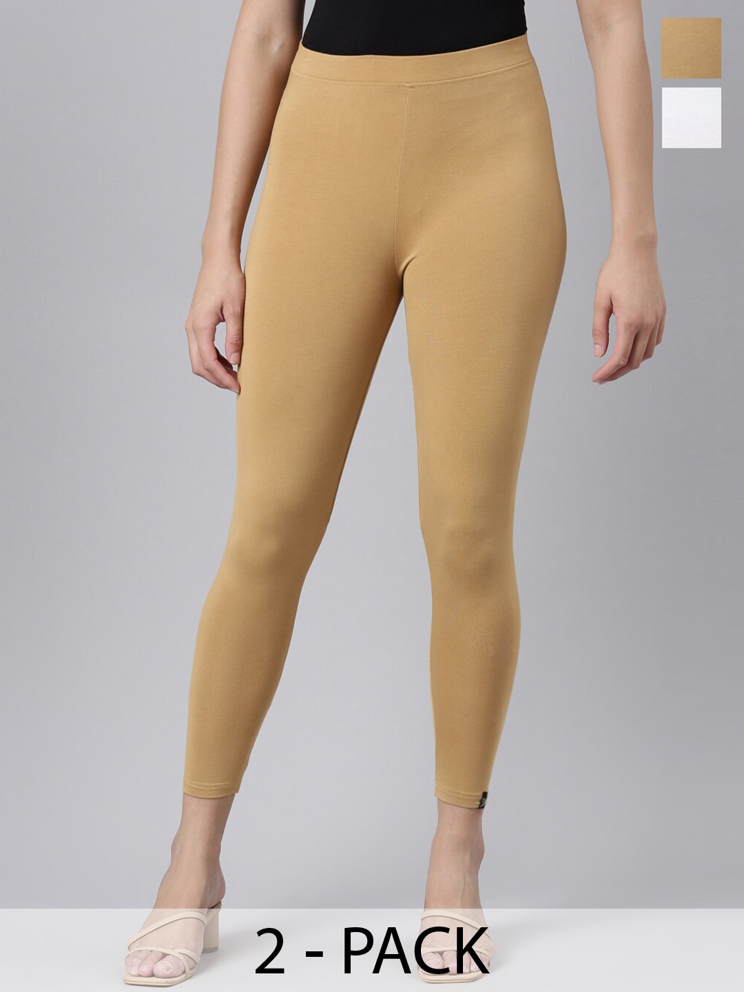 

Twin Birds Pack Of 2 Women Solid Skinny Fit High Ankle Cropped Leggings, Beige