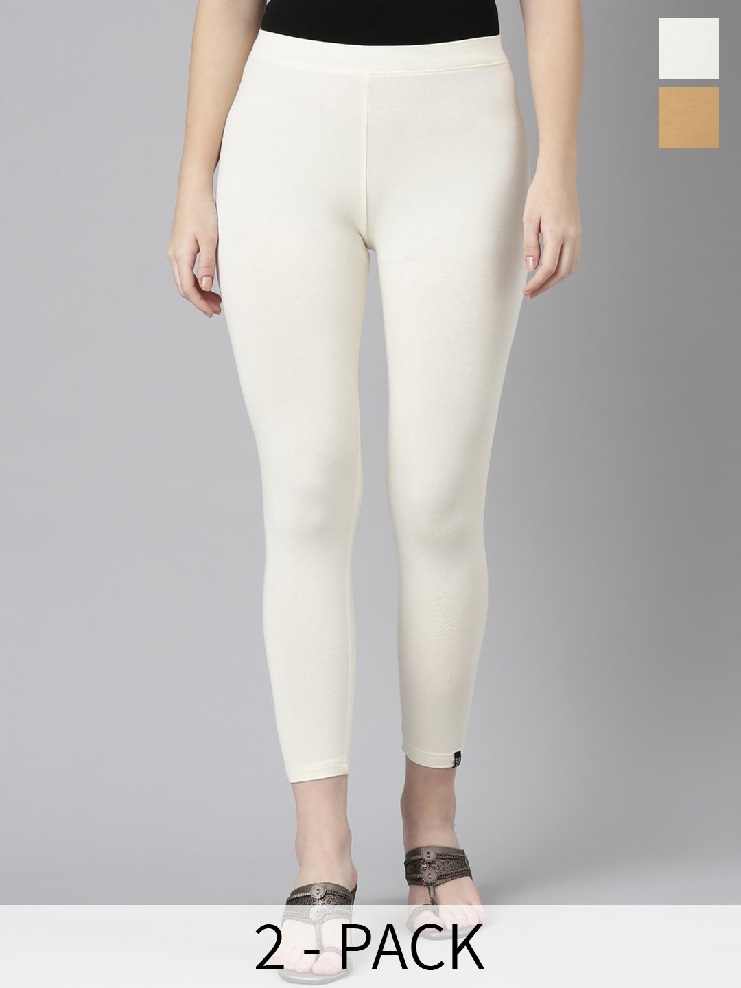 

Twin Birds Pack Of 2 Women Solid Skinny Fit High Ankle Cropped Leggings, Off white
