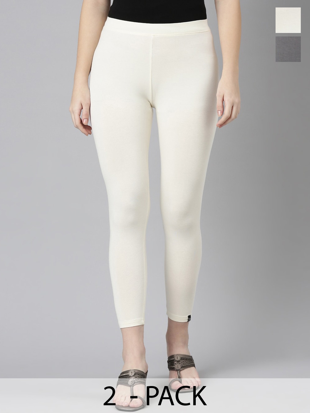

Twin Birds Pack Of 2 Women Solid Skinny Fit High Ankle Cropped Leggings, Off white