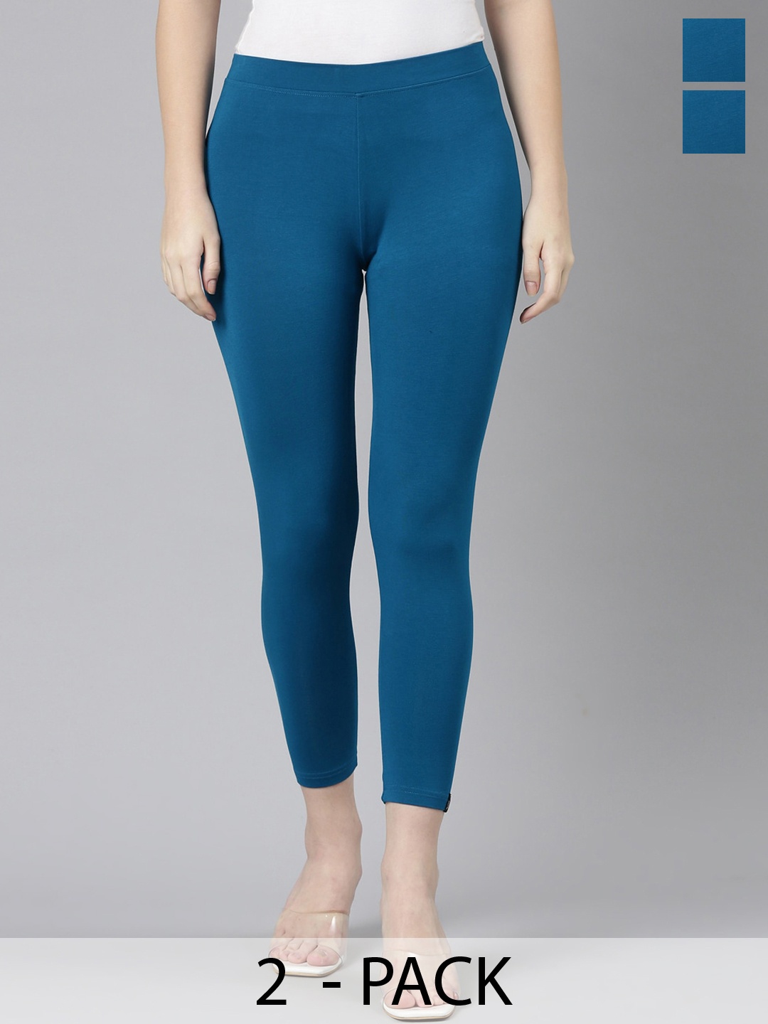 

Twin Birds Pack Of 2 Women Solid Skinny Fit High Ankle Cropped Leggings, Teal