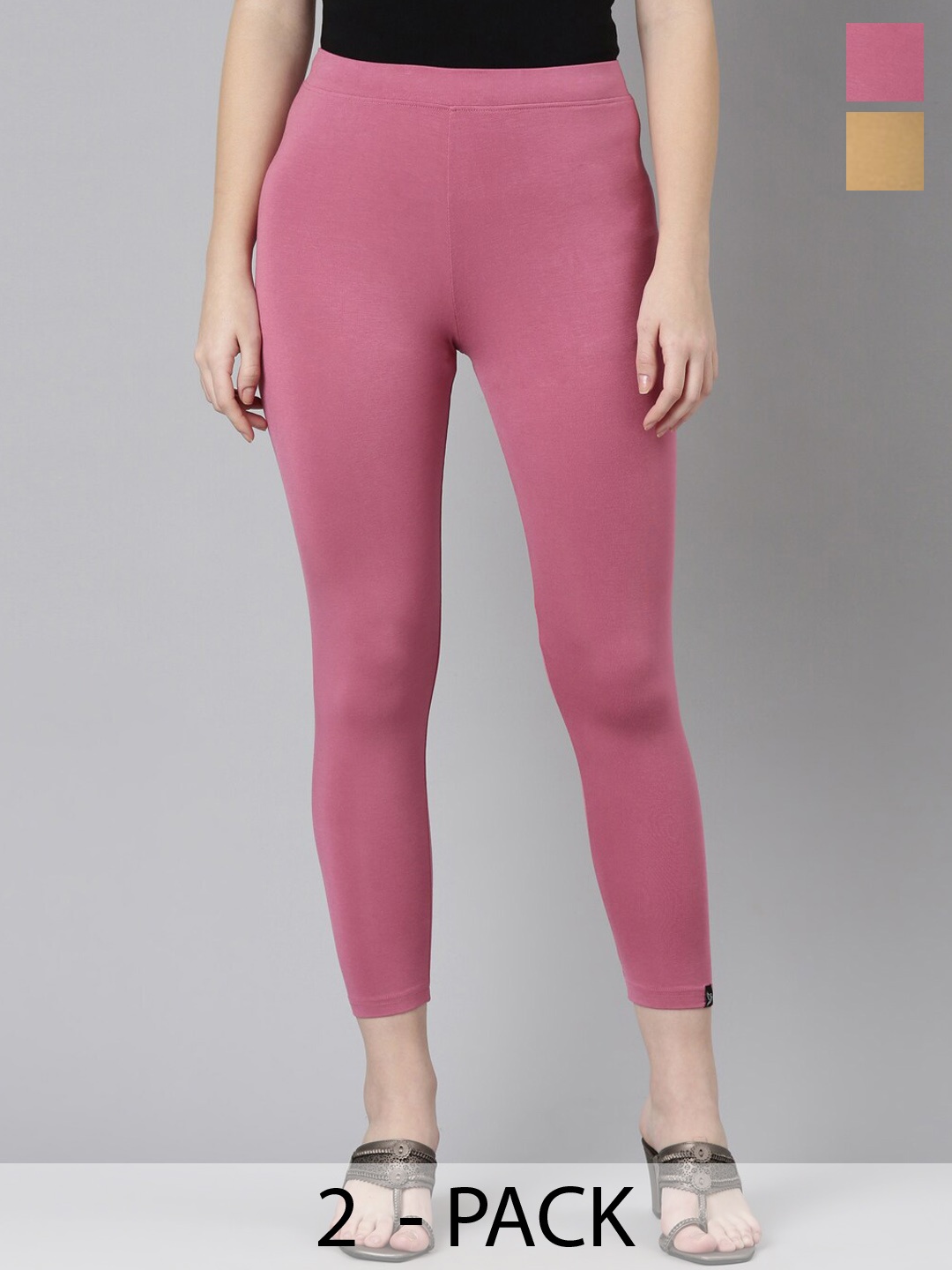 

Twin Birds Pack Of 2 Women Solid Skinny Fit High Ankle Cropped Leggings, Pink