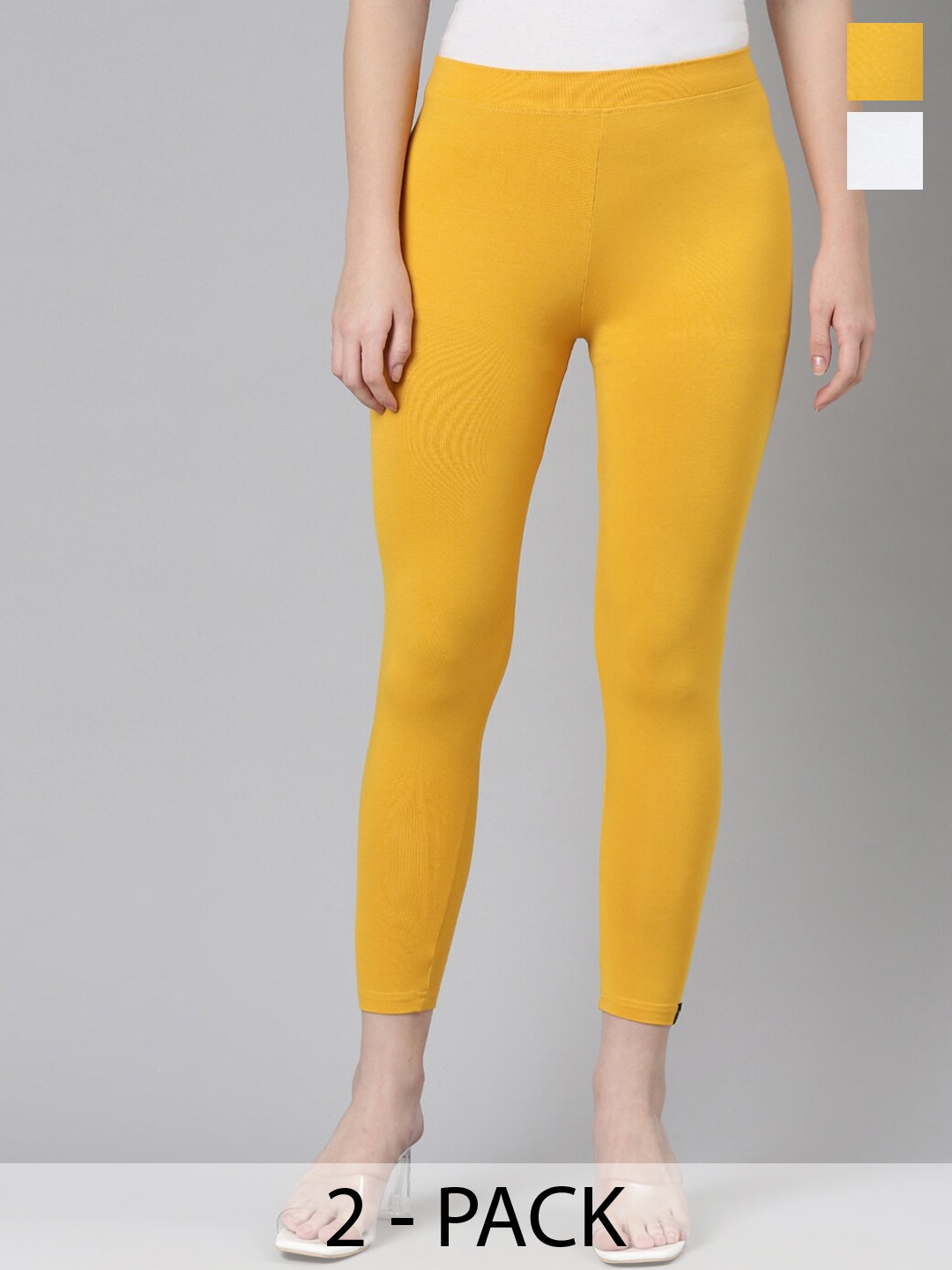 

Twin Birds Pack Of 2 Women Solid Skinny Fit High Ankle Cropped Leggings, Yellow