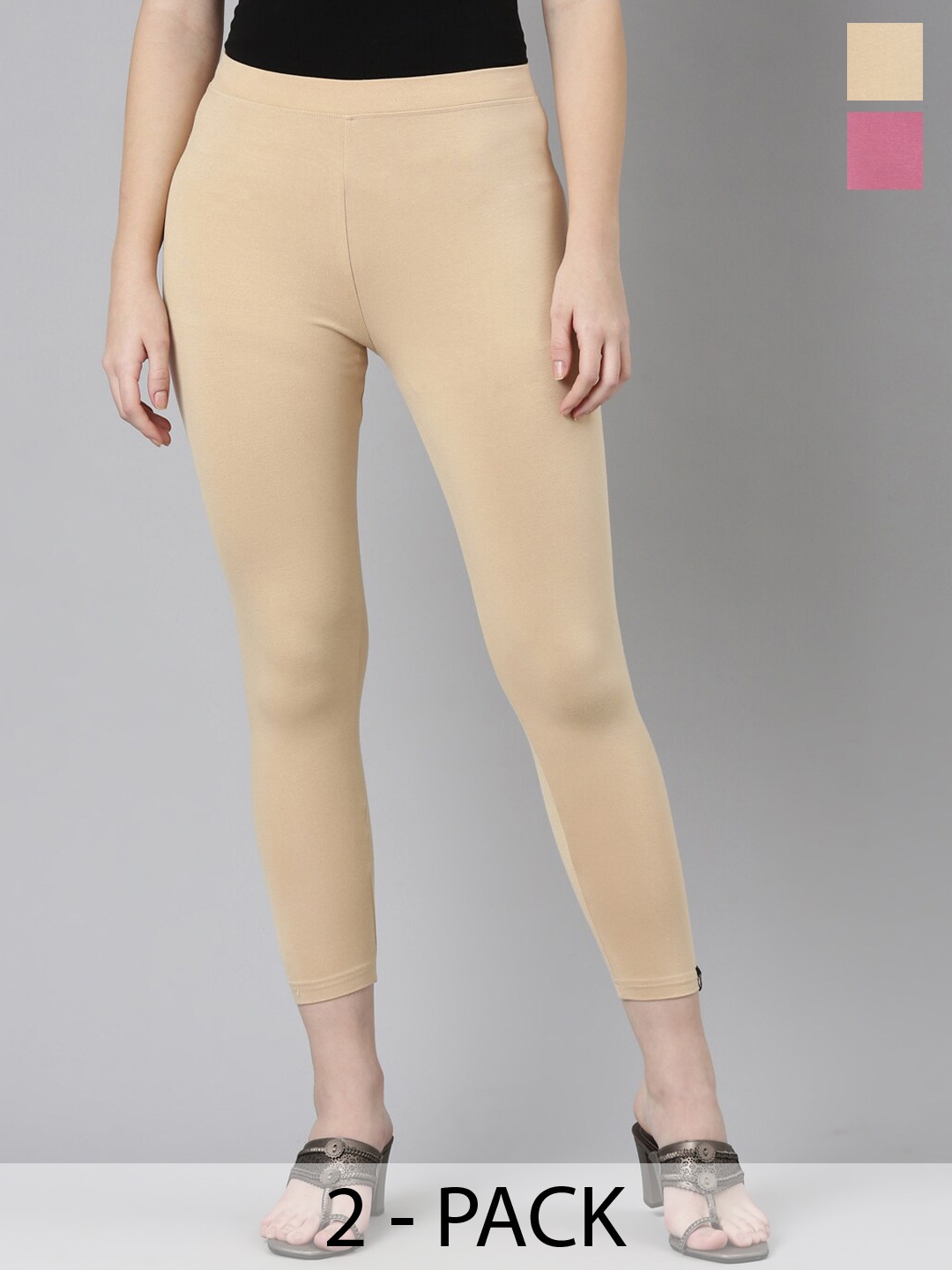 

Twin Birds Pack Of 2 Women Solid Skinny Fit High Ankle Cropped Leggings, Beige