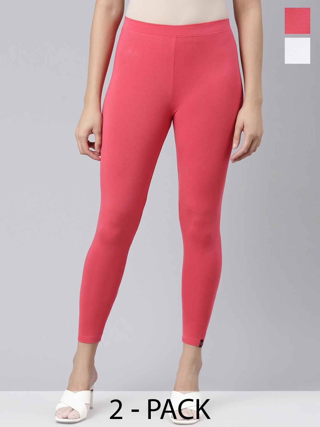 

Twin Birds Pack Of 2 Women Solid Skinny Fit High Ankle Cropped Leggings, Coral