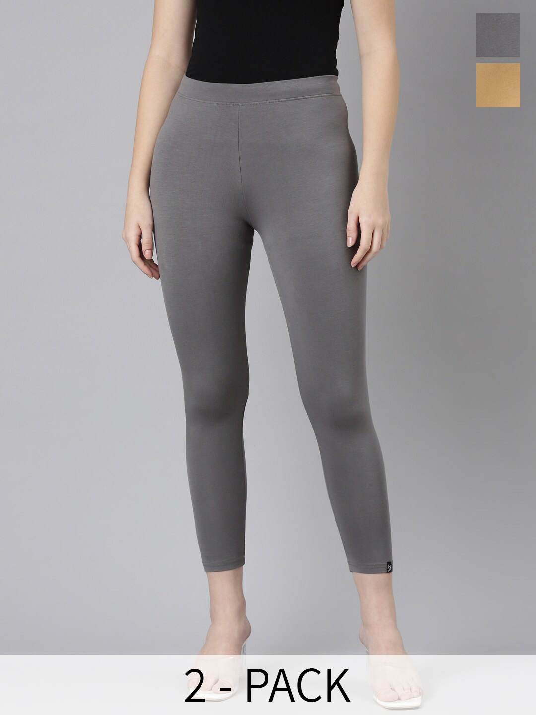 

Twin Birds Pack Of 2 Women Solid Skinny Fit High Ankle Cropped Leggings, Grey