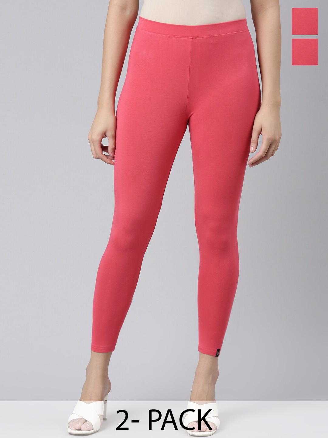 

Twin Birds Pack Of 2 Women Solid Skinny Fit High Ankle Cropped Leggings, Coral