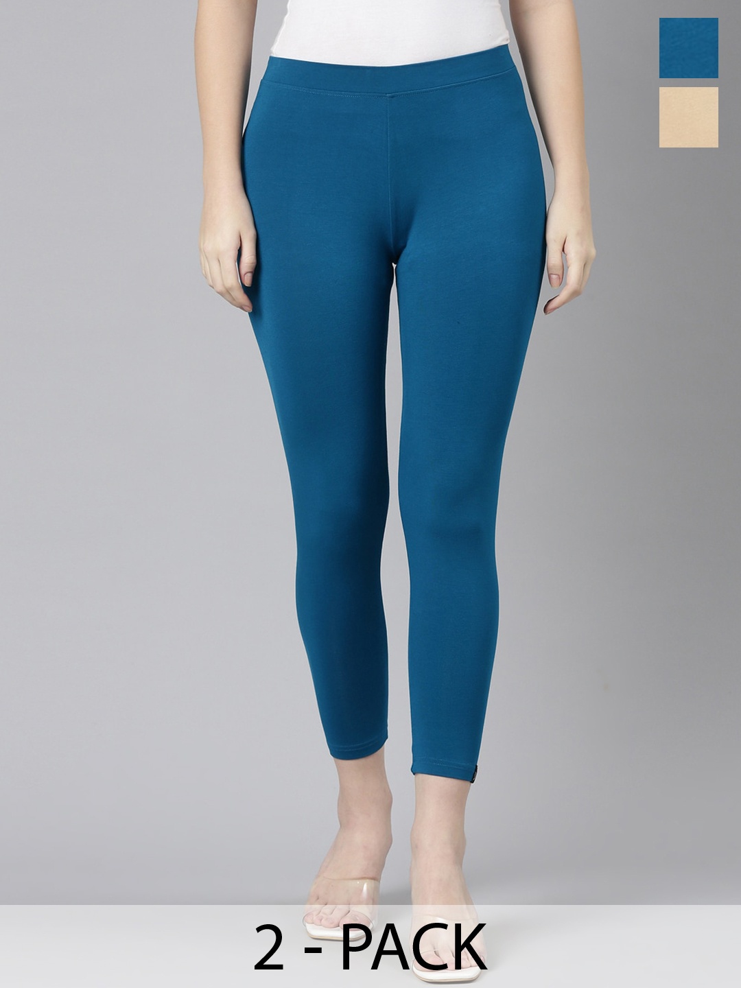 

Twin Birds Pack Of 2 Women Solid Skinny Fit High Ankle Cropped Leggings, Teal