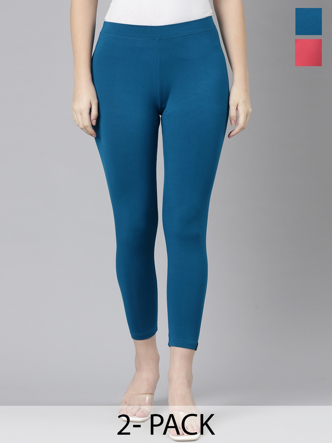 

Twin Birds Pack Of 2 Women Solid Skinny Fit High Ankle Cropped Leggings, Teal