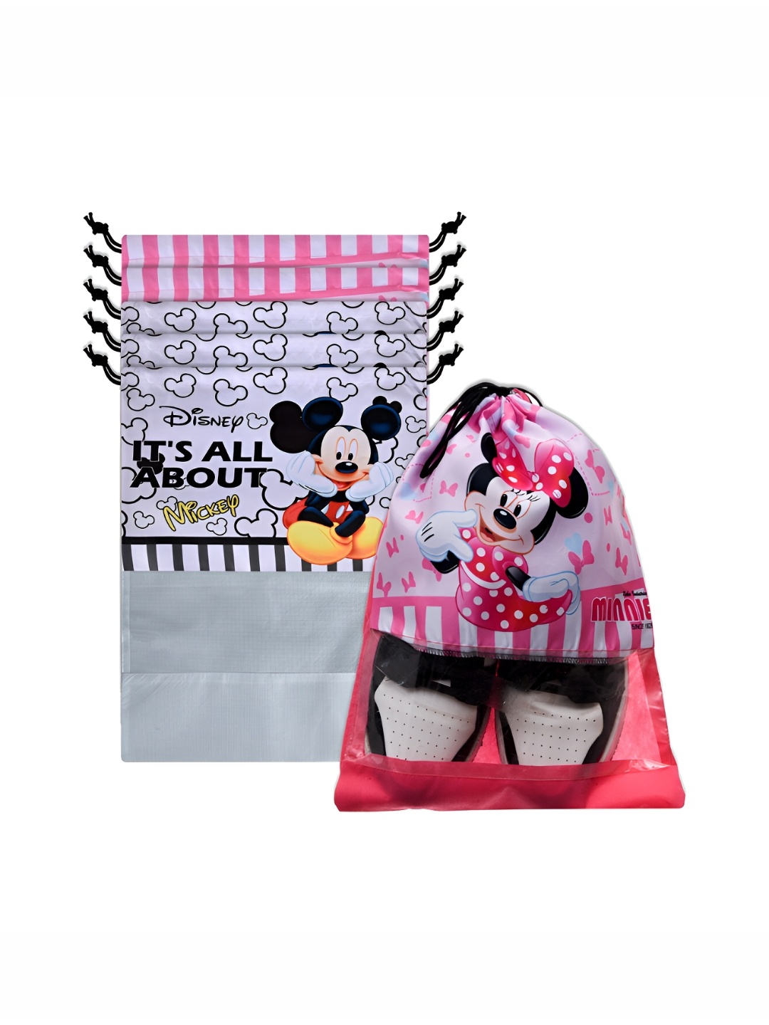 

Kuber Industries 6-Pcs White & Pink Drawstring Shoe Bags