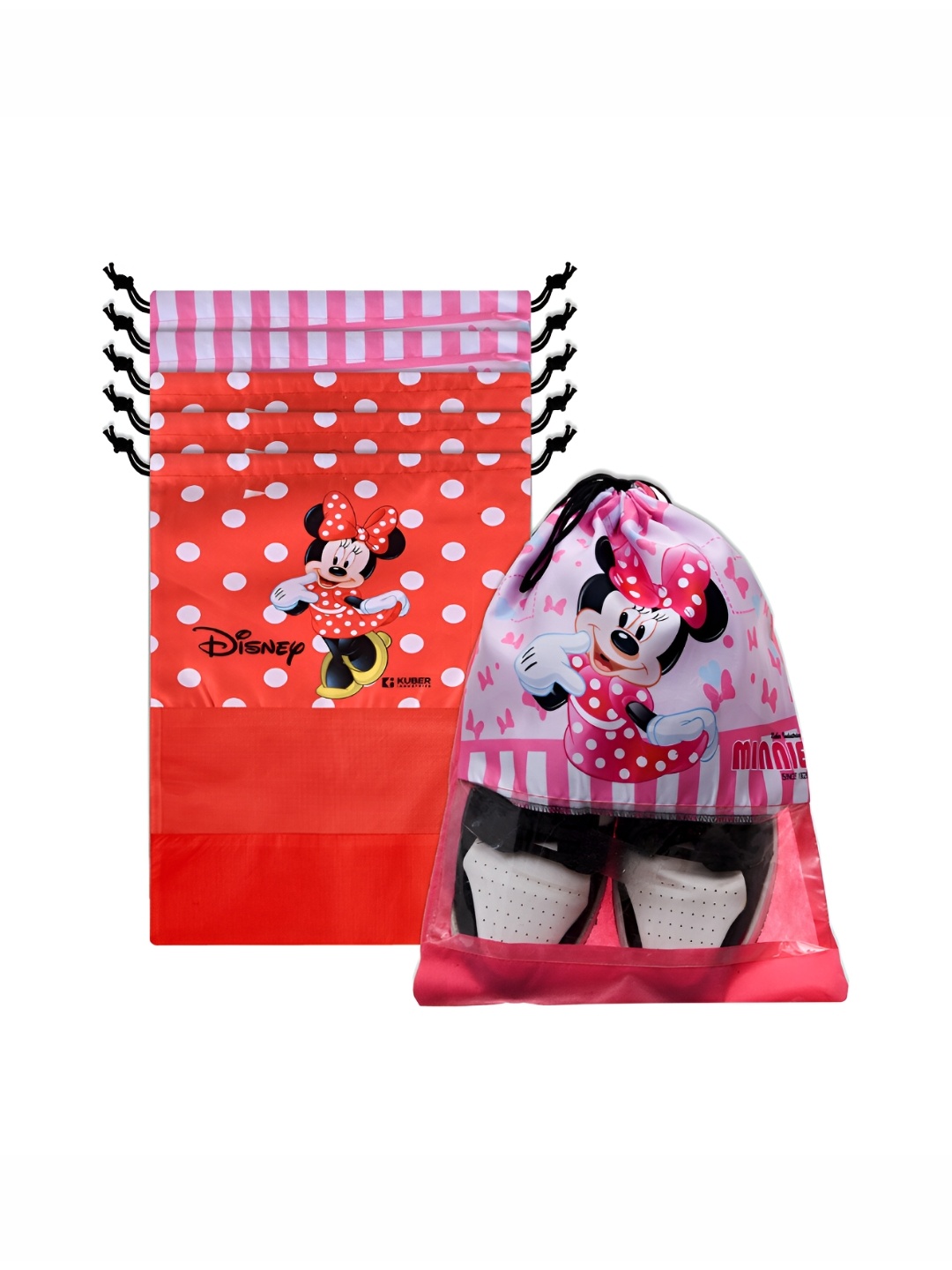 

Kuber Industries 6-Pcs Red & Pink Minnie Mouse Printed Shoe Bags