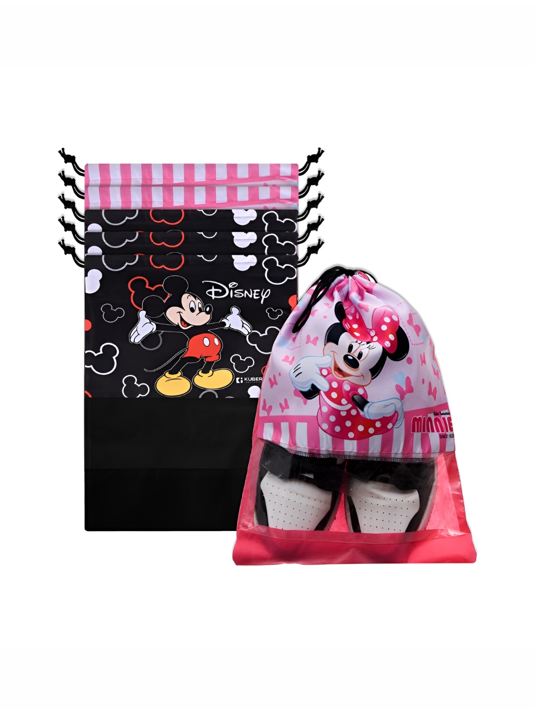 

Kuber Industries 6-Pcs Black & Pink Mickey & Minnie Printed Drawstring Shoe Bags