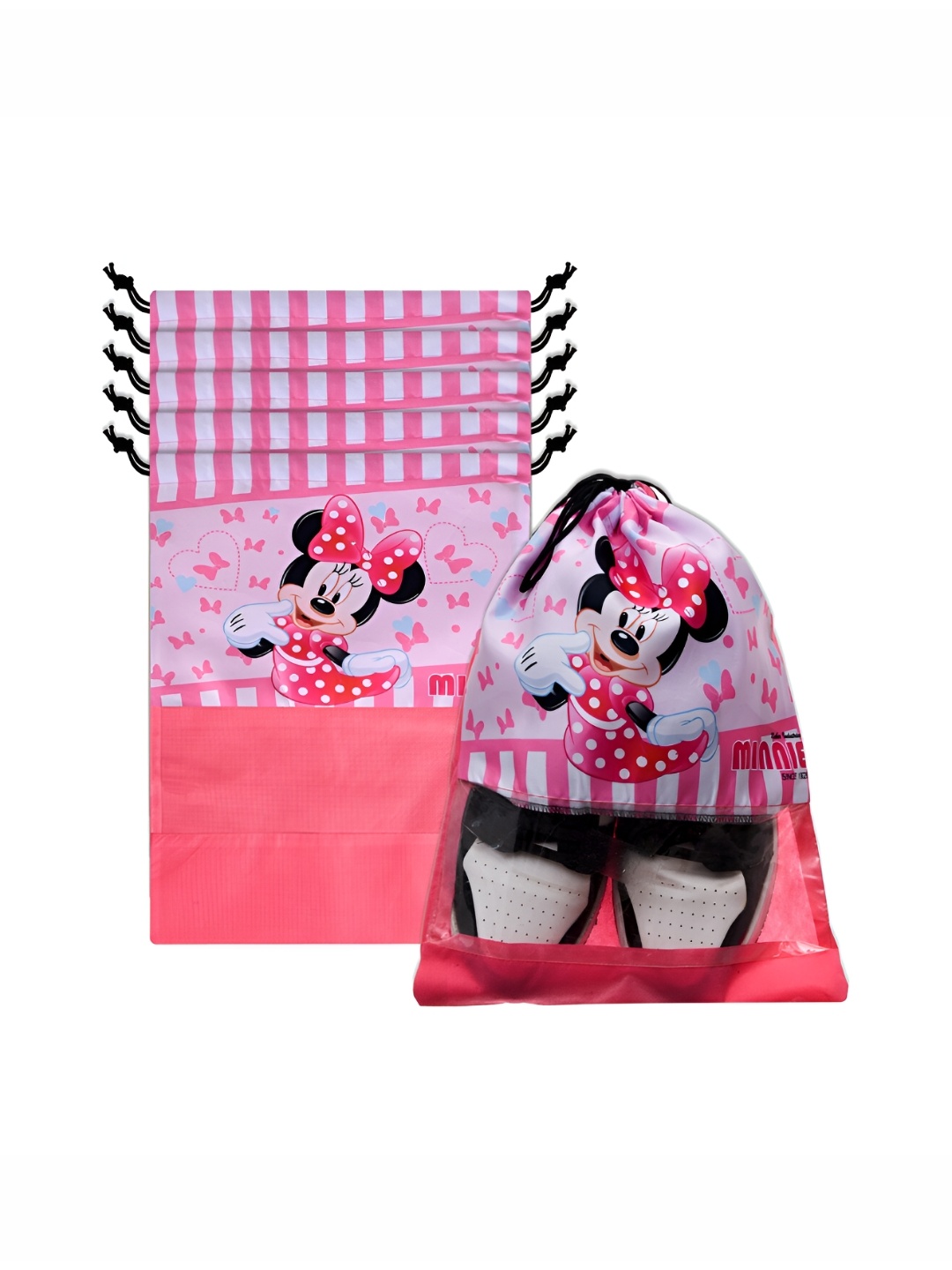 

Kuber Industries 6-Pcs Pink & White Minne Mouse Printed Shoe Bags