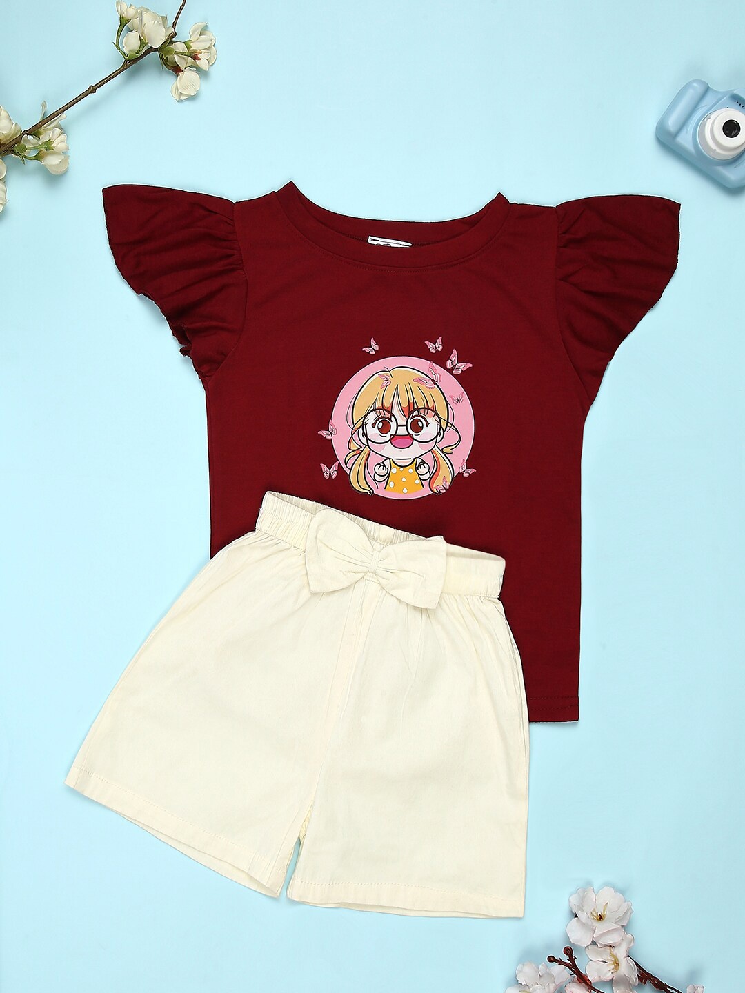 

Cutiekins Girls Printed Top with Shorts, Maroon