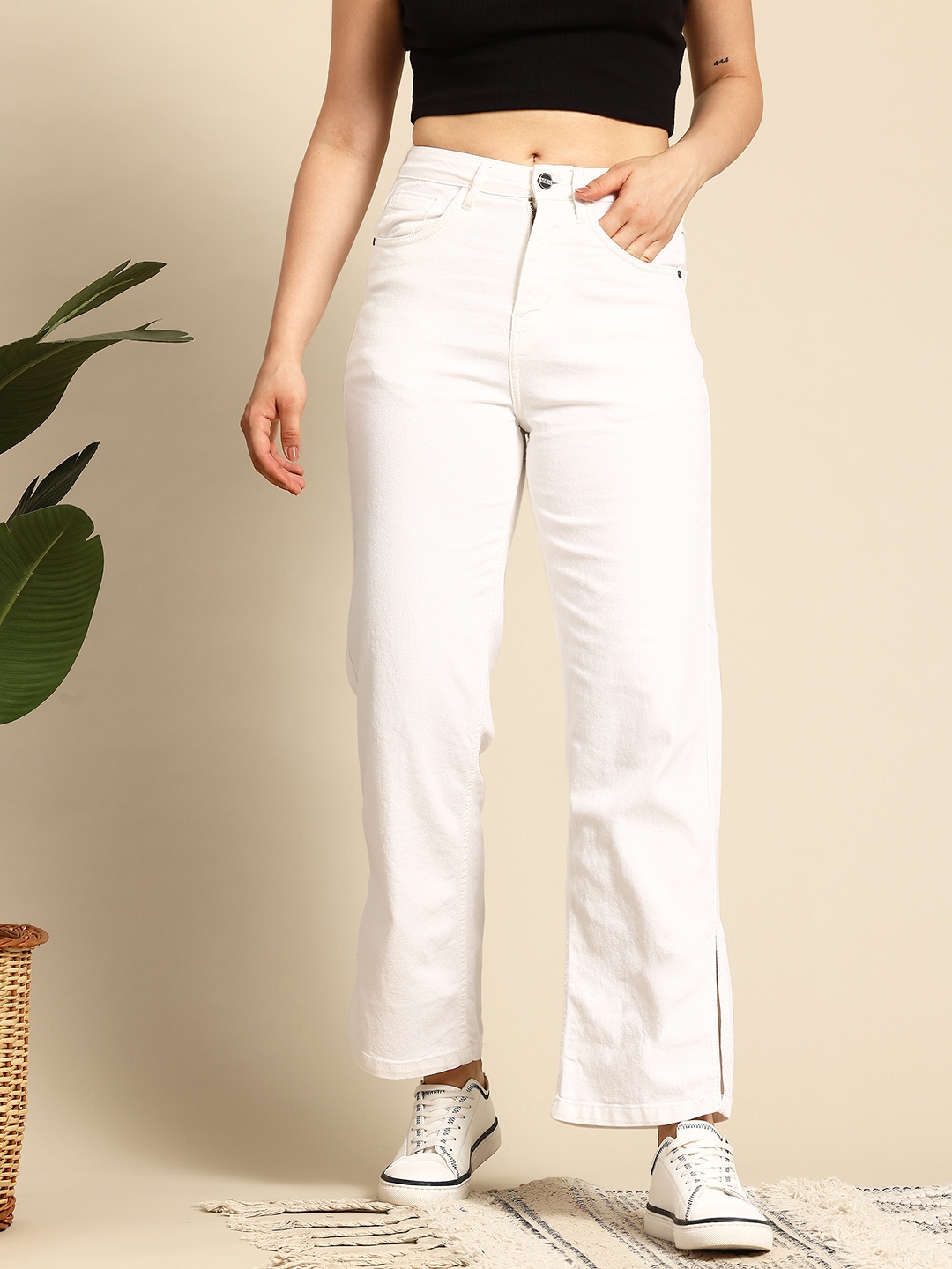 

Mast & Harbour Women Stretchable Straight Fit Jeans with Slits, White