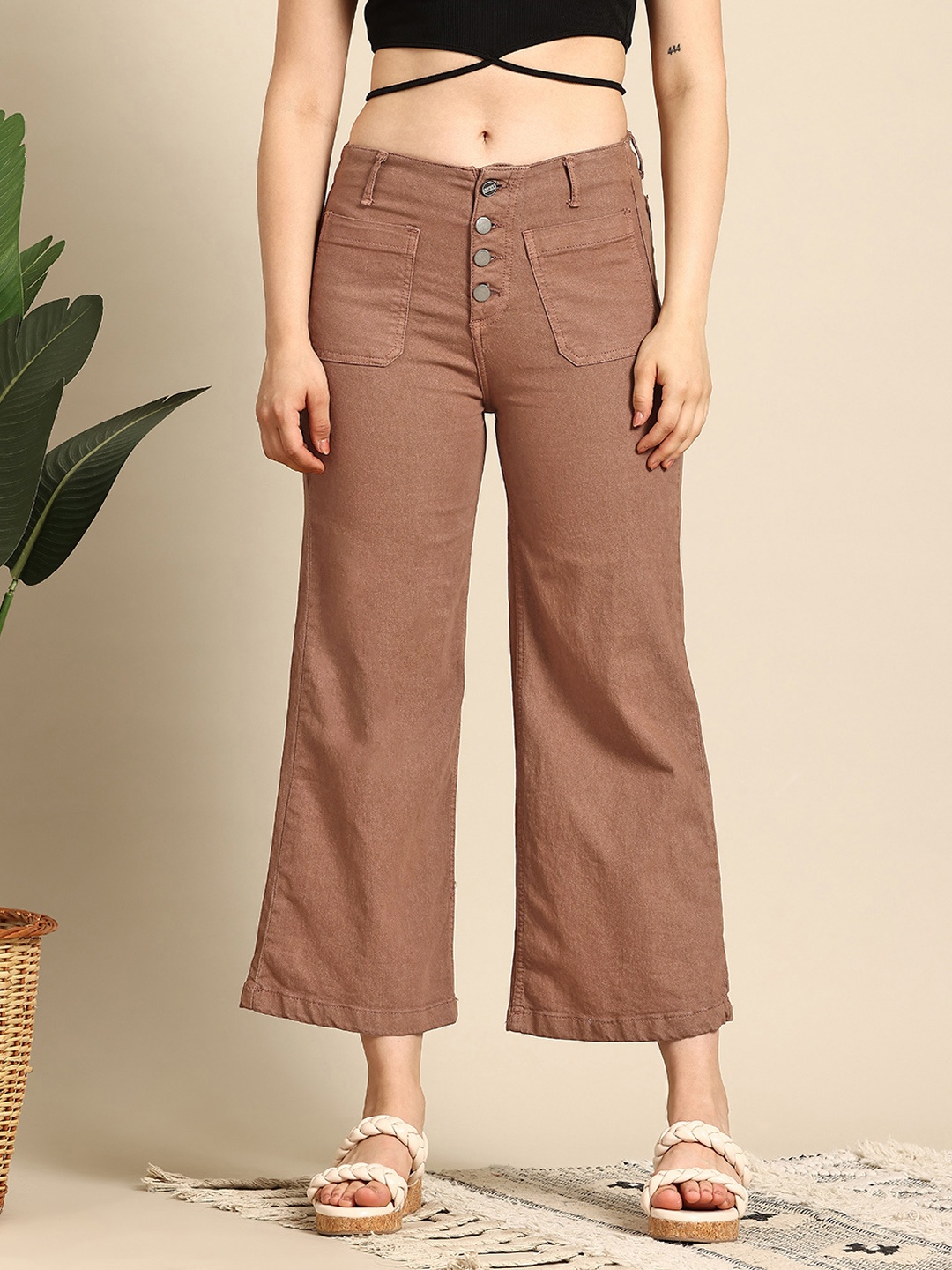 

Mast & Harbour Women Wide Leg High-Rise Stretchable Jeans, Brown