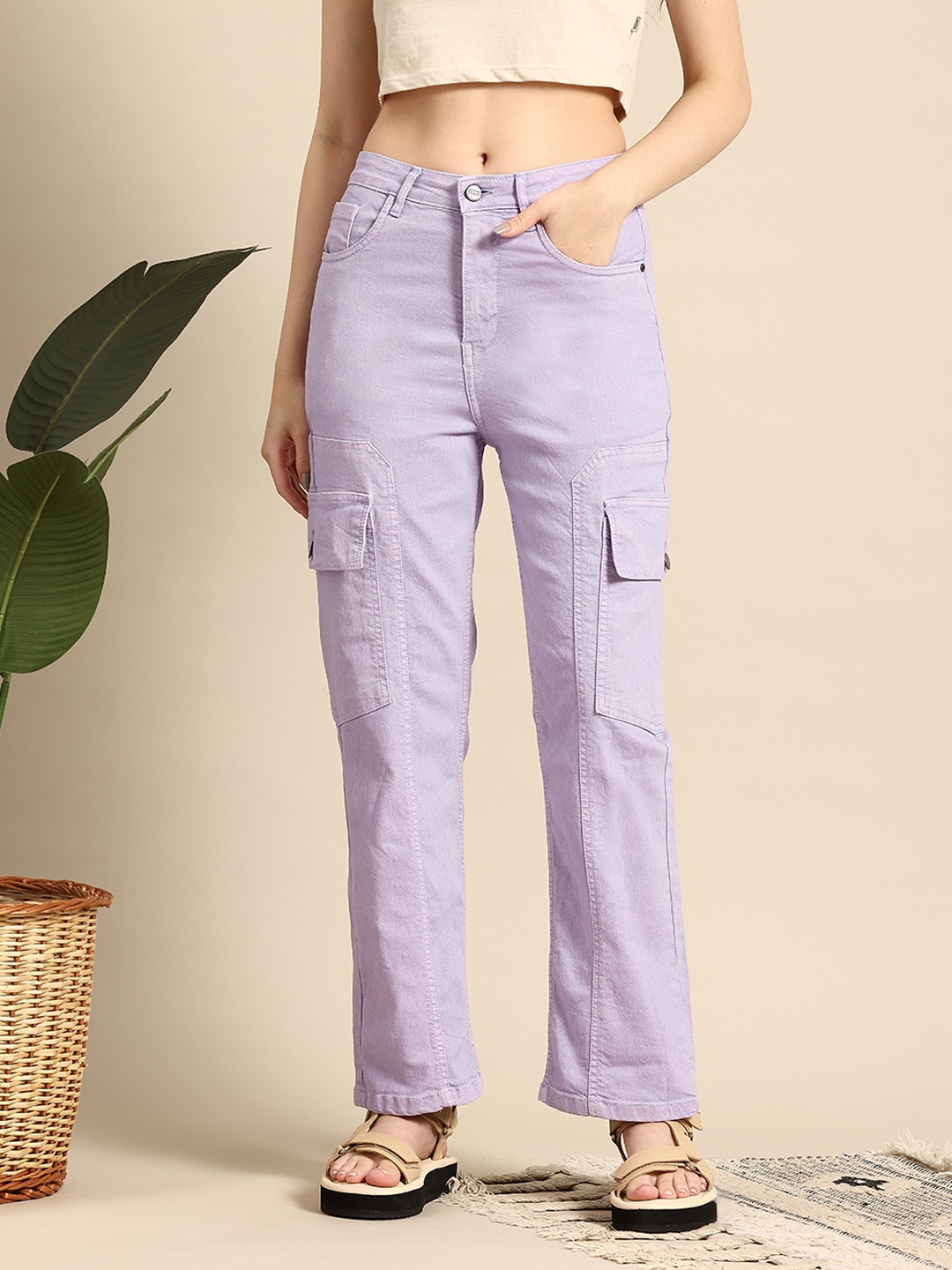 

Mast & Harbour Women Cargo Style Straight Fit Stretchable Jeans, Lavender