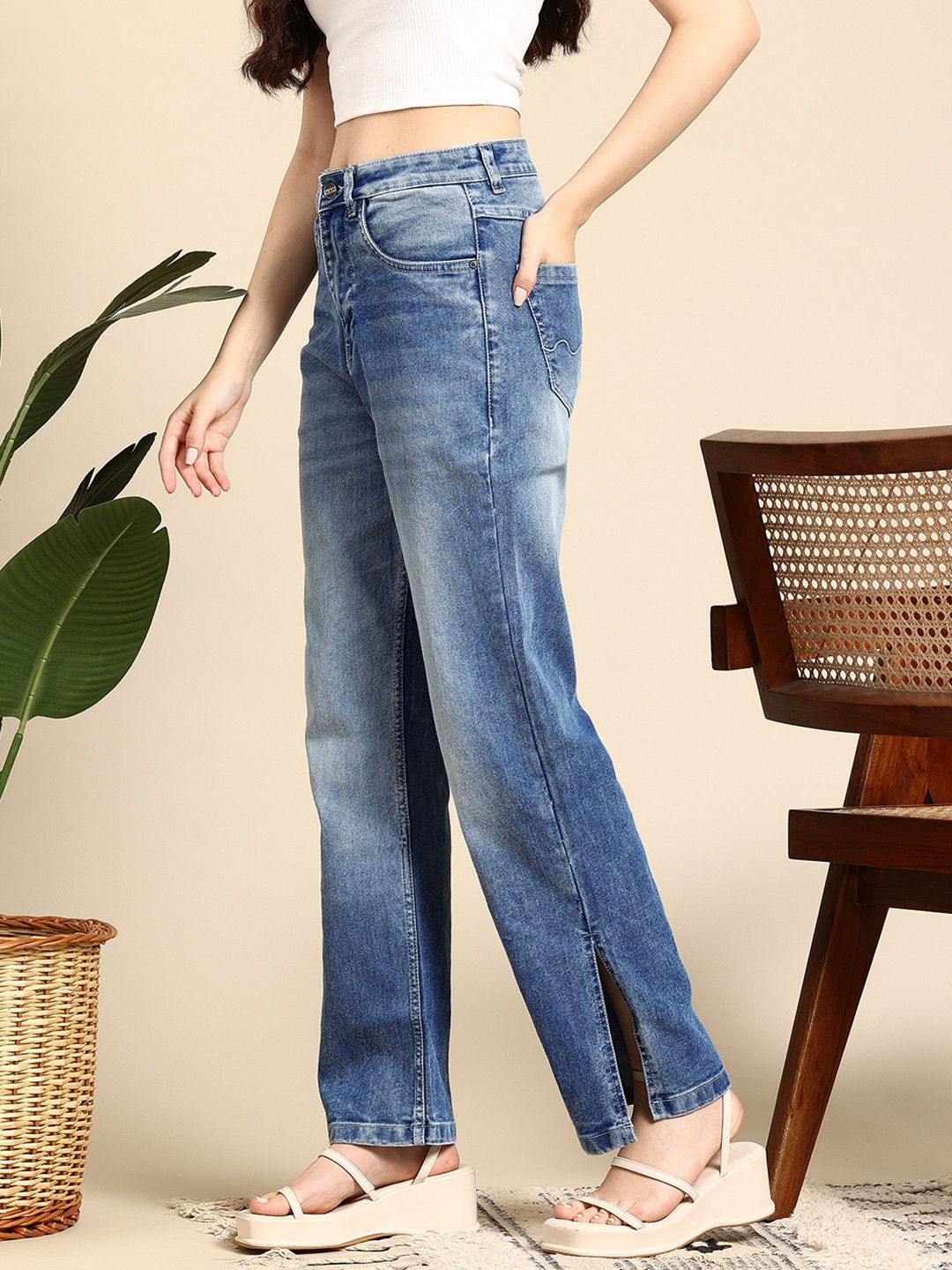 

Mast & Harbour Women Stretchable Straight Fit Jeans with Slits, Blue