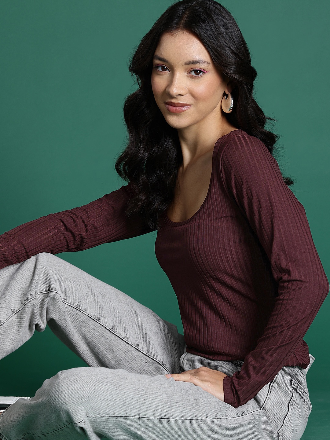

DressBerry Ribbed Scoop Neck Top, Brown