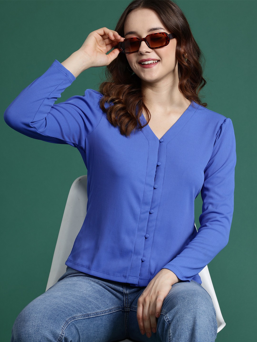 

DressBerry Ribbed Shirt Style Top, Blue