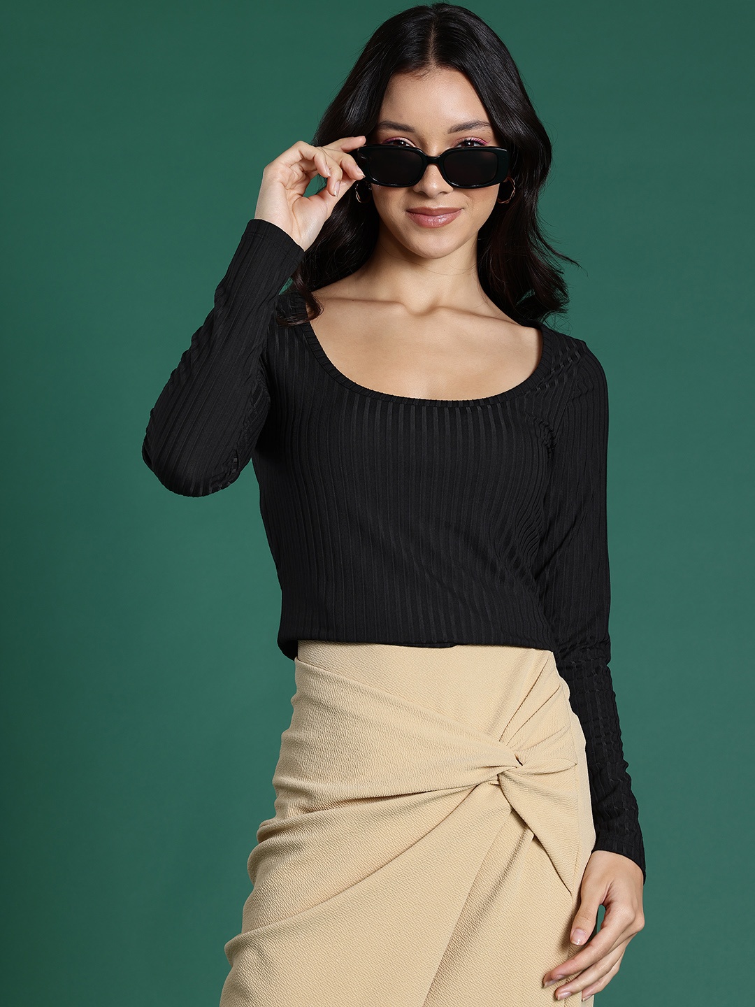 

DressBerry Ribbed Scoop Neck Top, Black