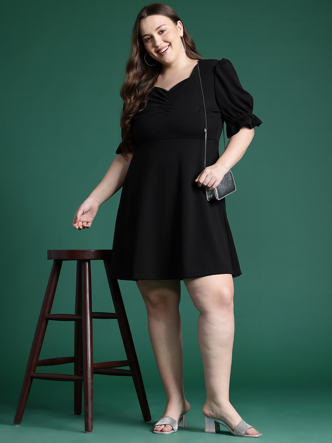 

DressBerry Plus Size Puff Sleeve A-Line Dress, Black