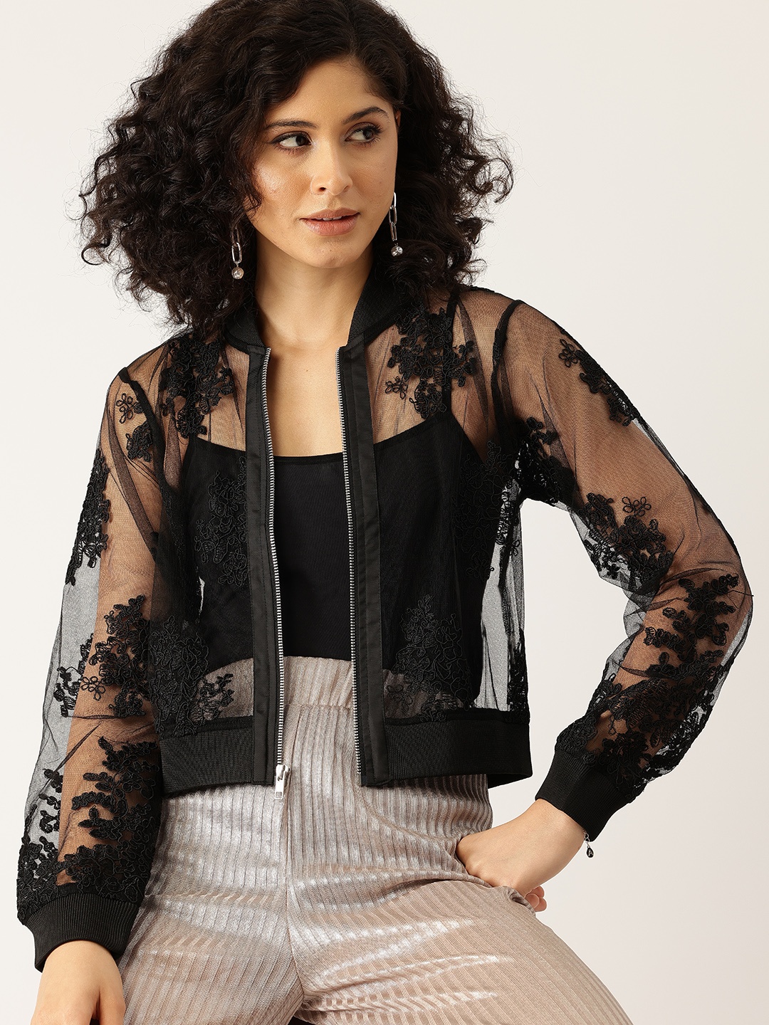 

bebe Future Glam Embroidered Net Jacket, Black