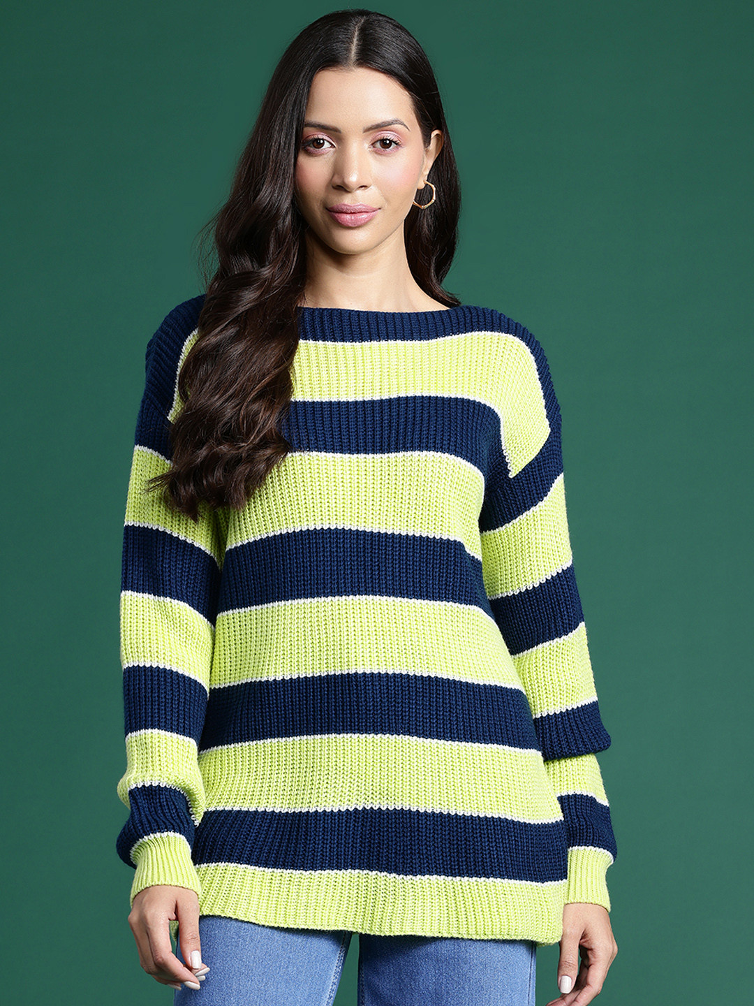 

DressBerry Boat Neck Striped Knitted Pullover, Navy blue