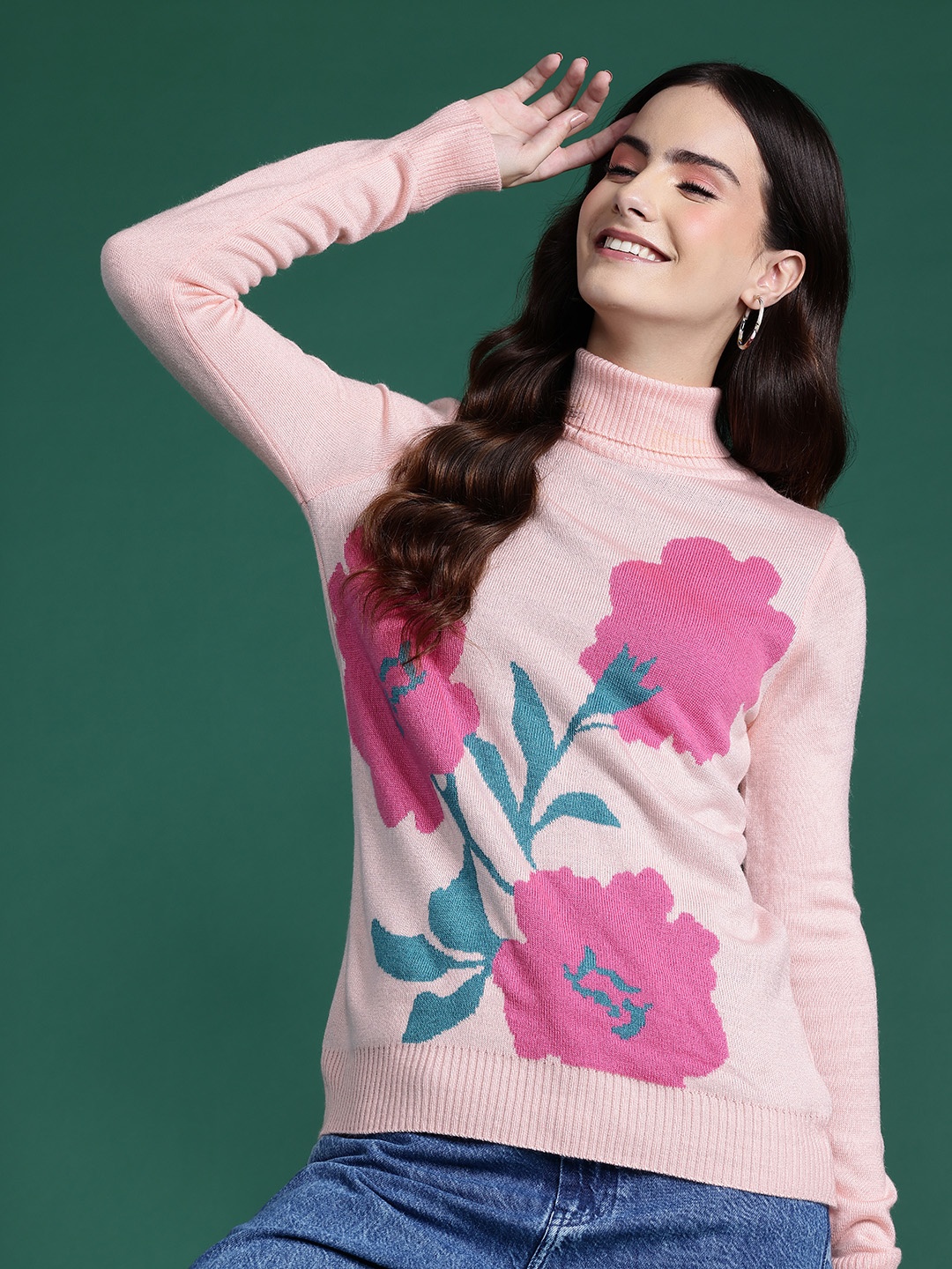 

DressBerry Acrylic Floral Design Pullover, Pink