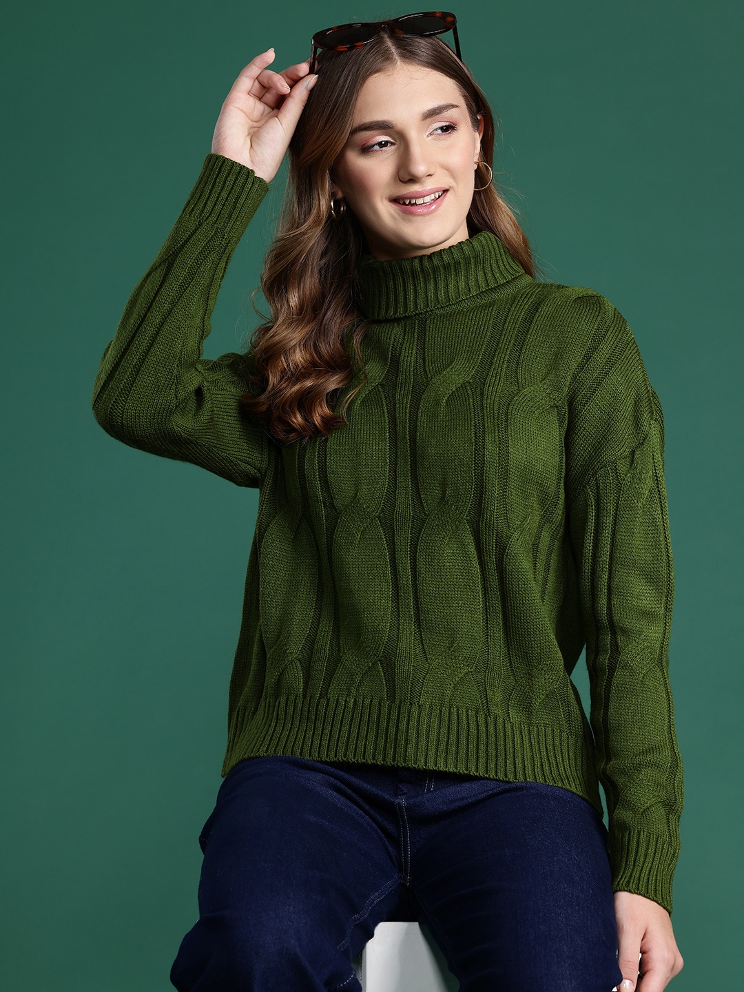 

DressBerry Cable Knit Turtle Neck Sweater, Olive