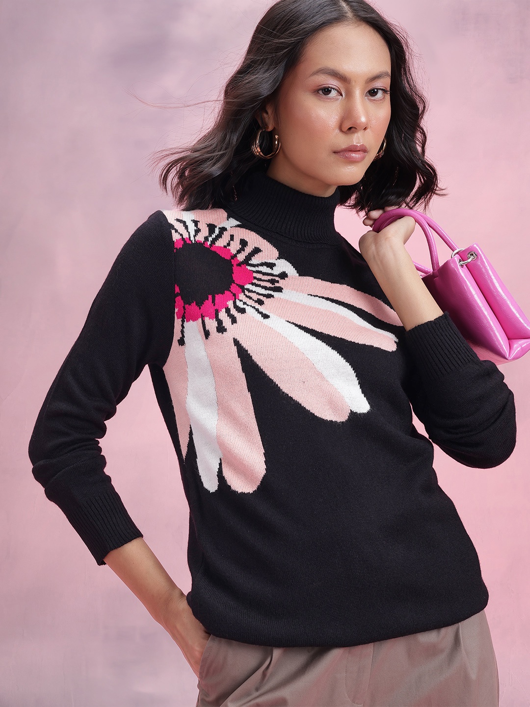 

DressBerry Floral Turtle Neck Pullover, Black