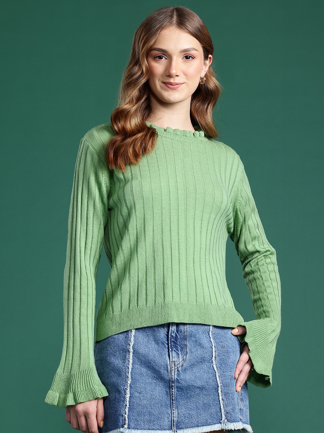 

DressBerry Frilled Neck Ribbed Pullover, Green