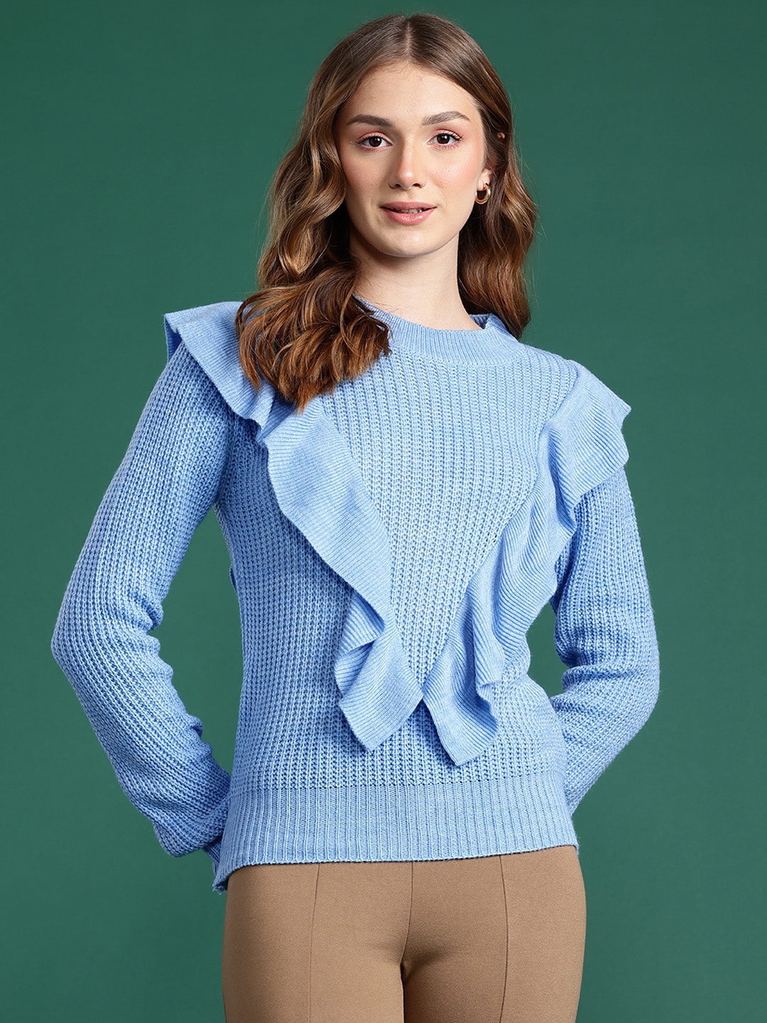 

DressBerry Ruffled Acrylic Pullover, Blue