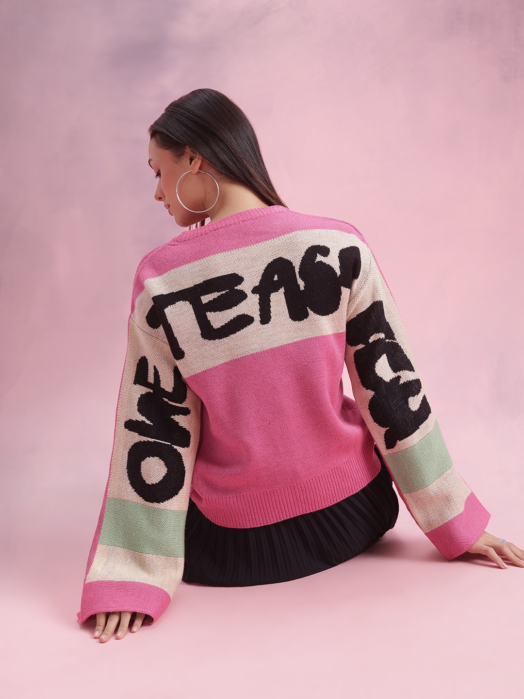 

DressBerry Typography Colourblocked Flared Sleeve Pullover, Pink