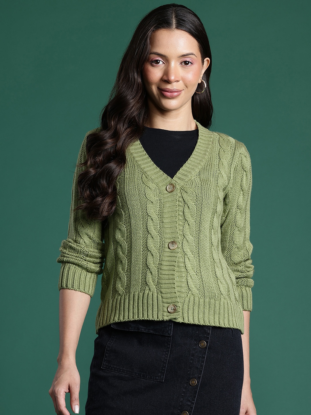 

DressBerry Women Cable Knit Cardigan, Green