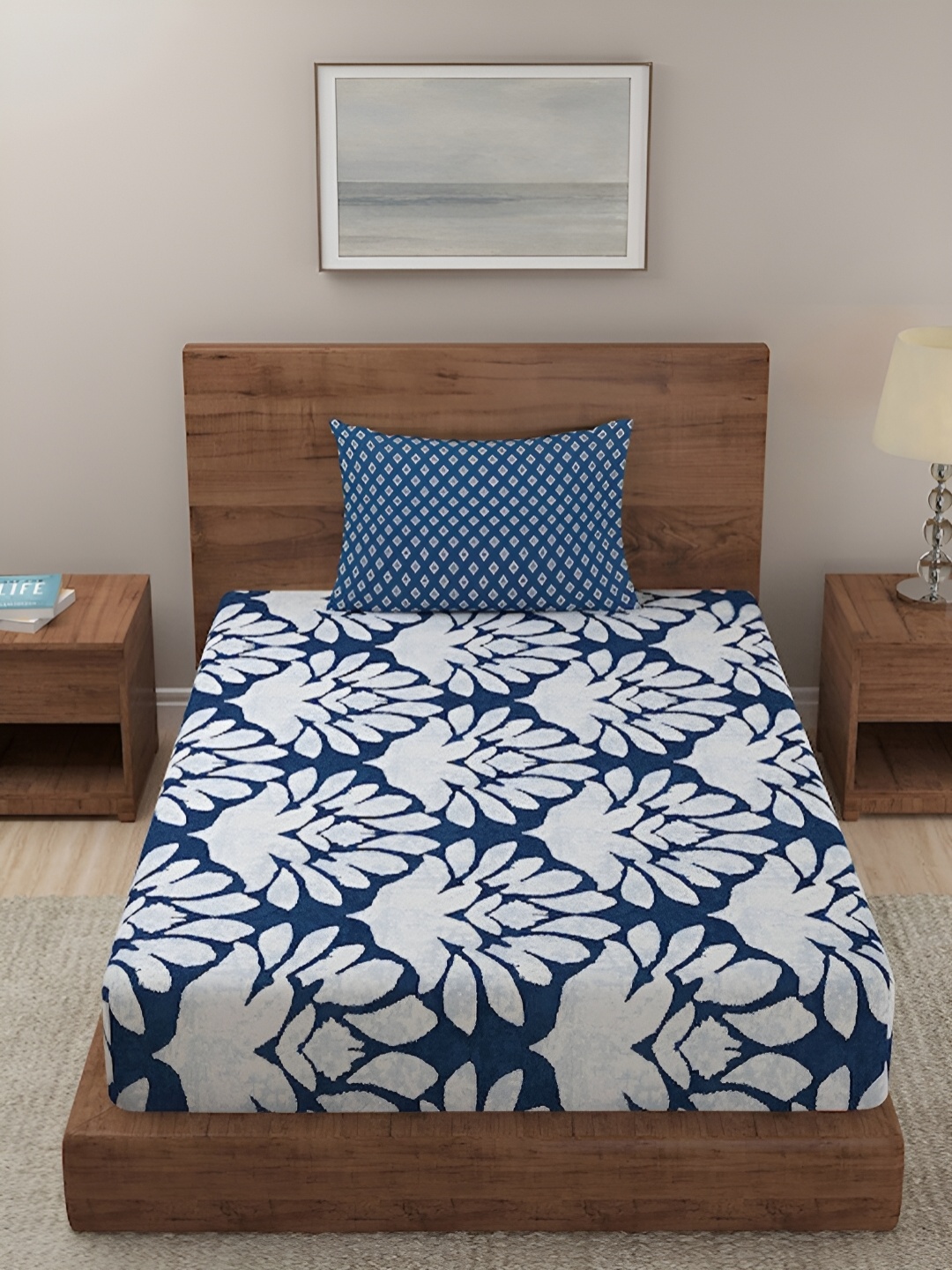 

Softwrap White & Blue Floral Cotton 150 TC Single Bedsheet with 1 Pillow Covers
