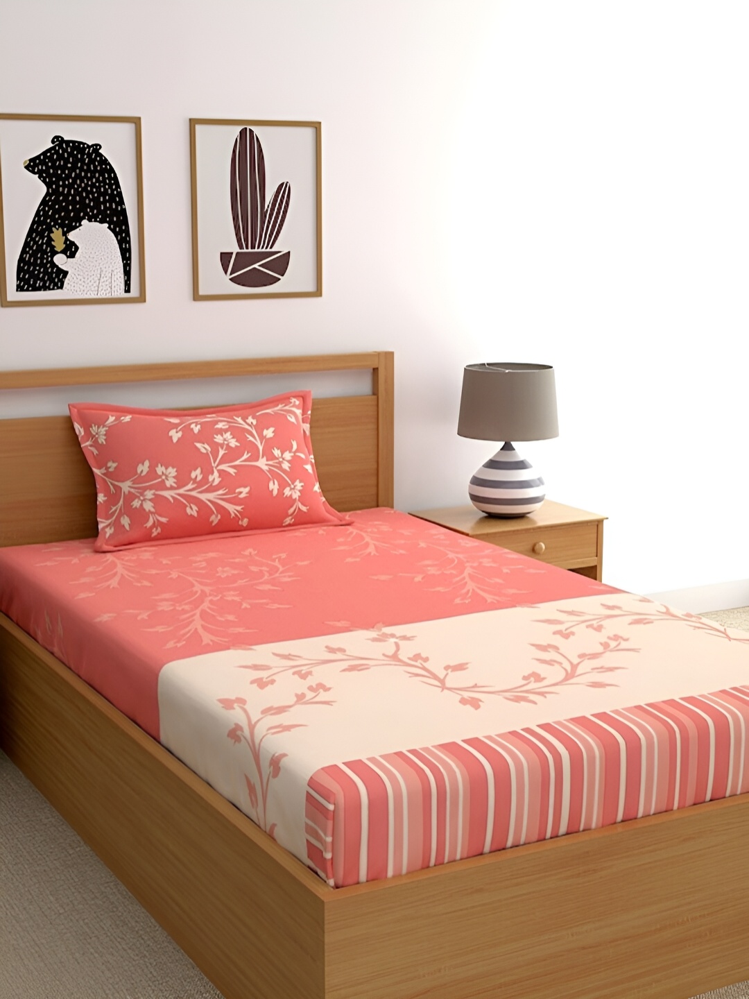 

Softwrap Pink & Beige Floral Cotton 150 TC Single Bedsheet with 1 Pillow Covers