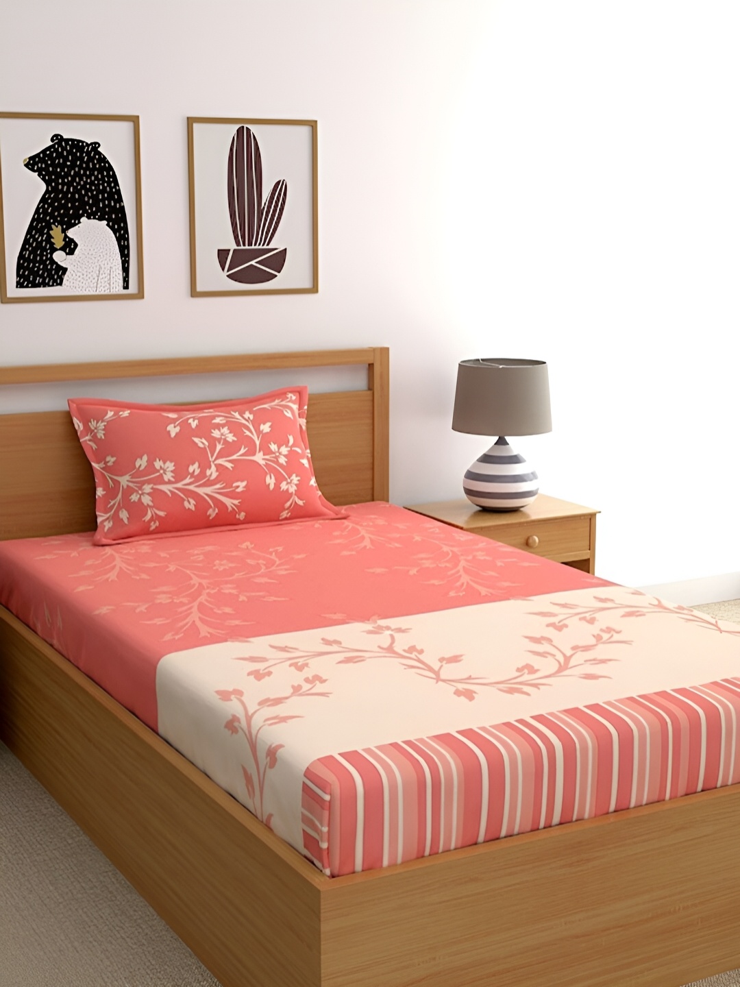 

Softwrap Pink & Beige Floral Cotton 150 TC Single Bedsheet with 1 Pillow Covers