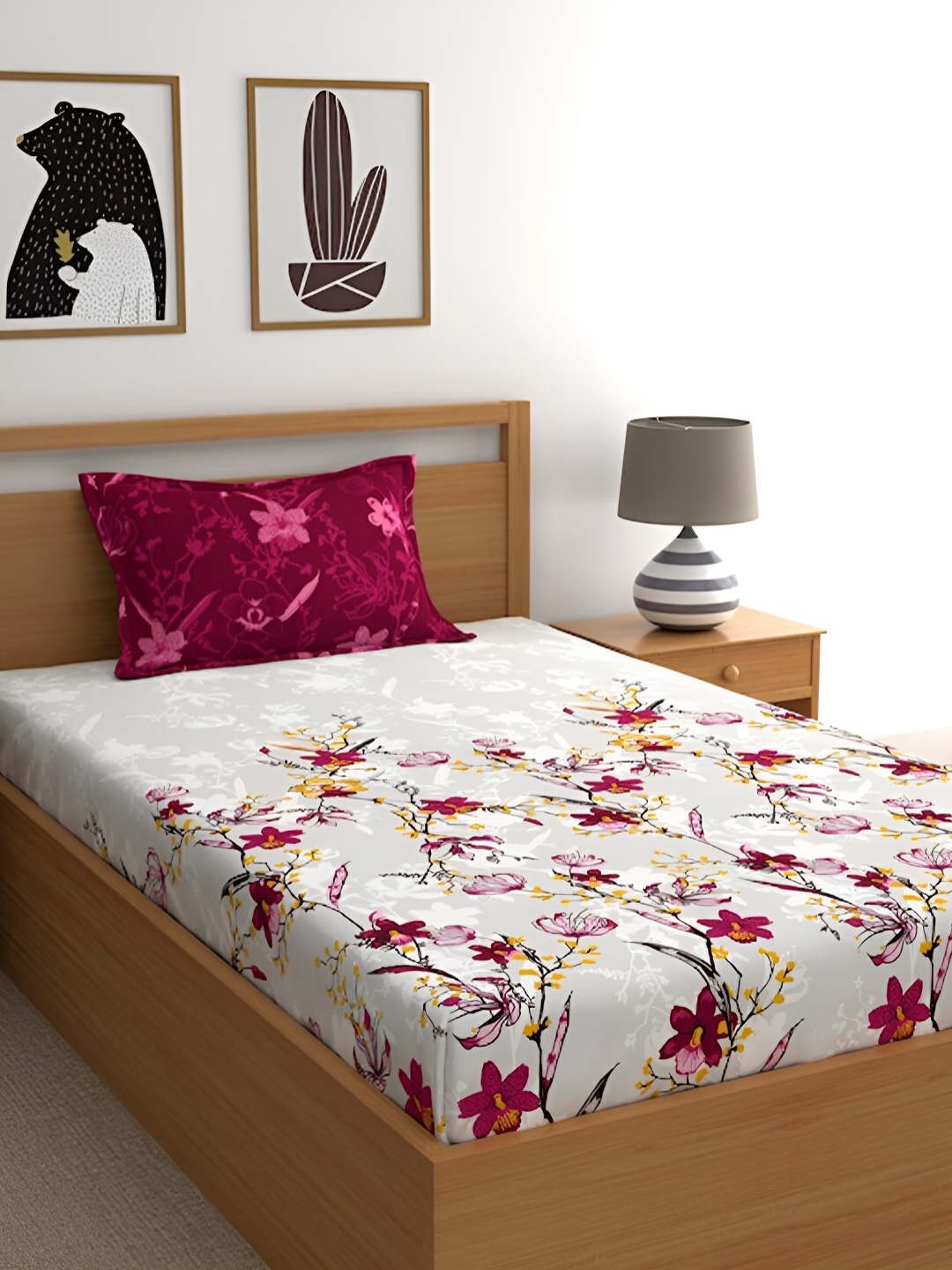 

Softwrap White & Pink Floral Printed 150 TC Single Bedsheet with 1 Pillow Covers