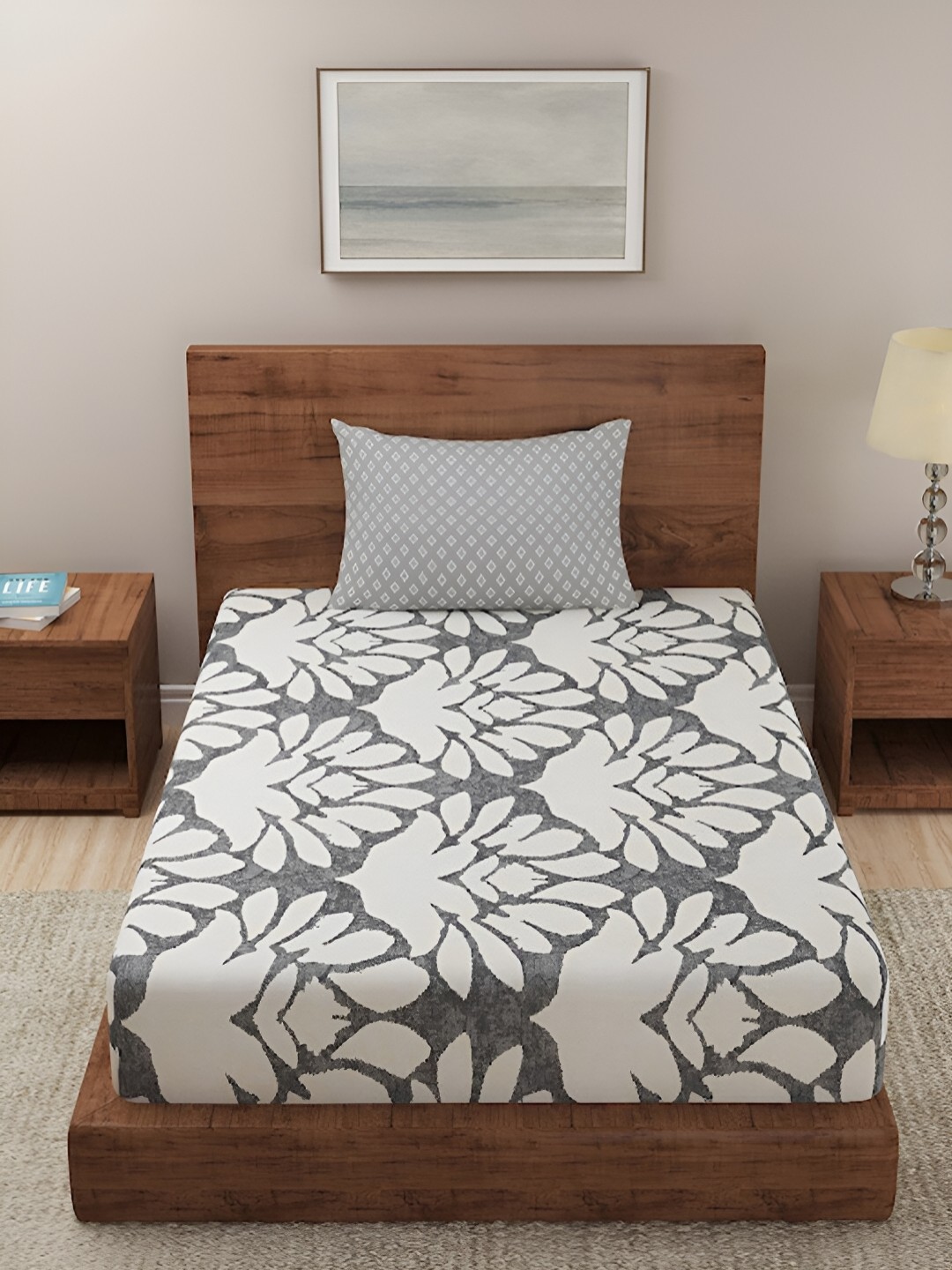 

Softwrap White & Grey Floral Printed 150 TC Single Bedsheet with 1 Pillow Covers