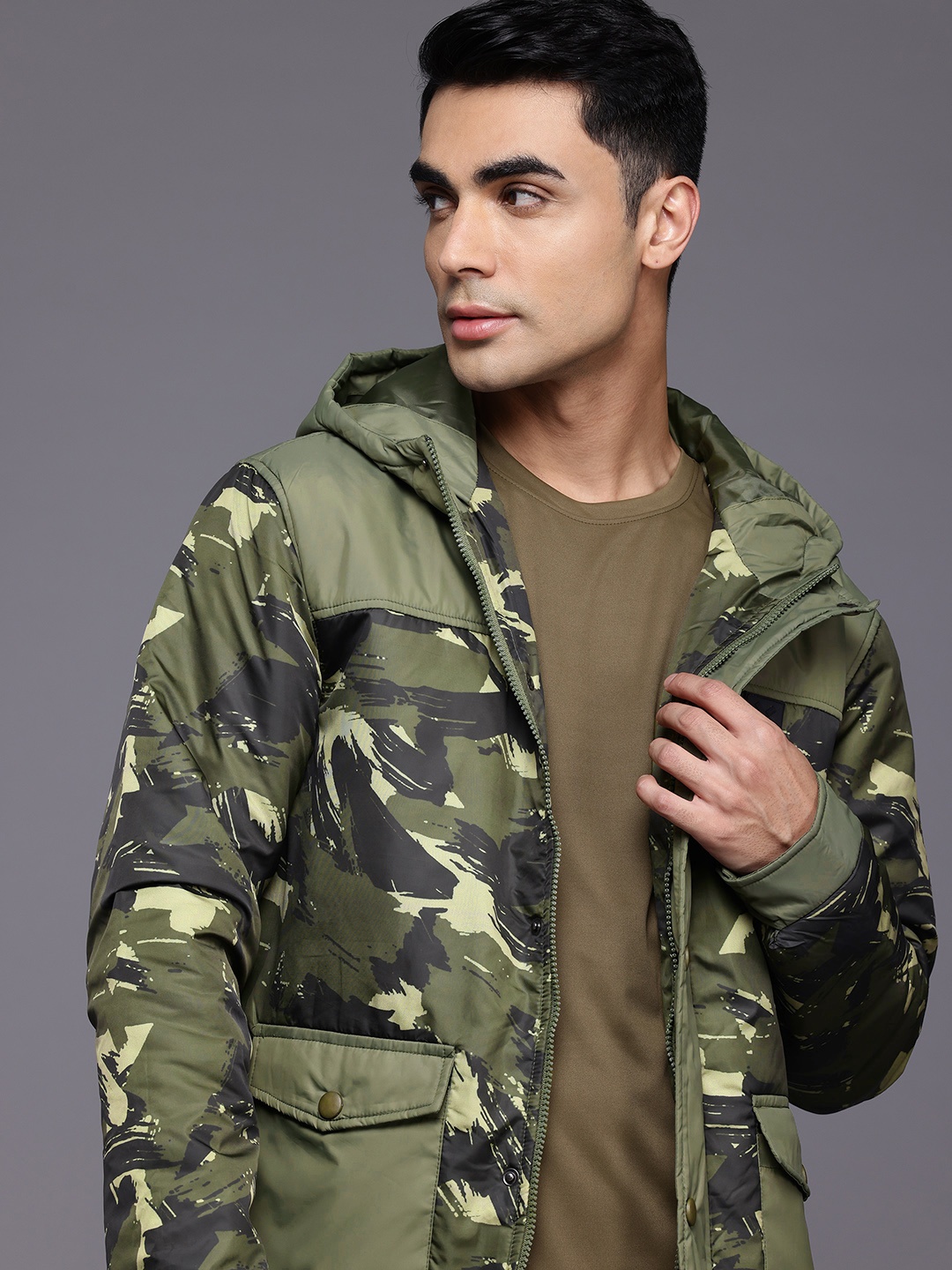 

HRX by Hrithik Roshan Lifestyle Camouflage Print Hooded Jacket, Olive